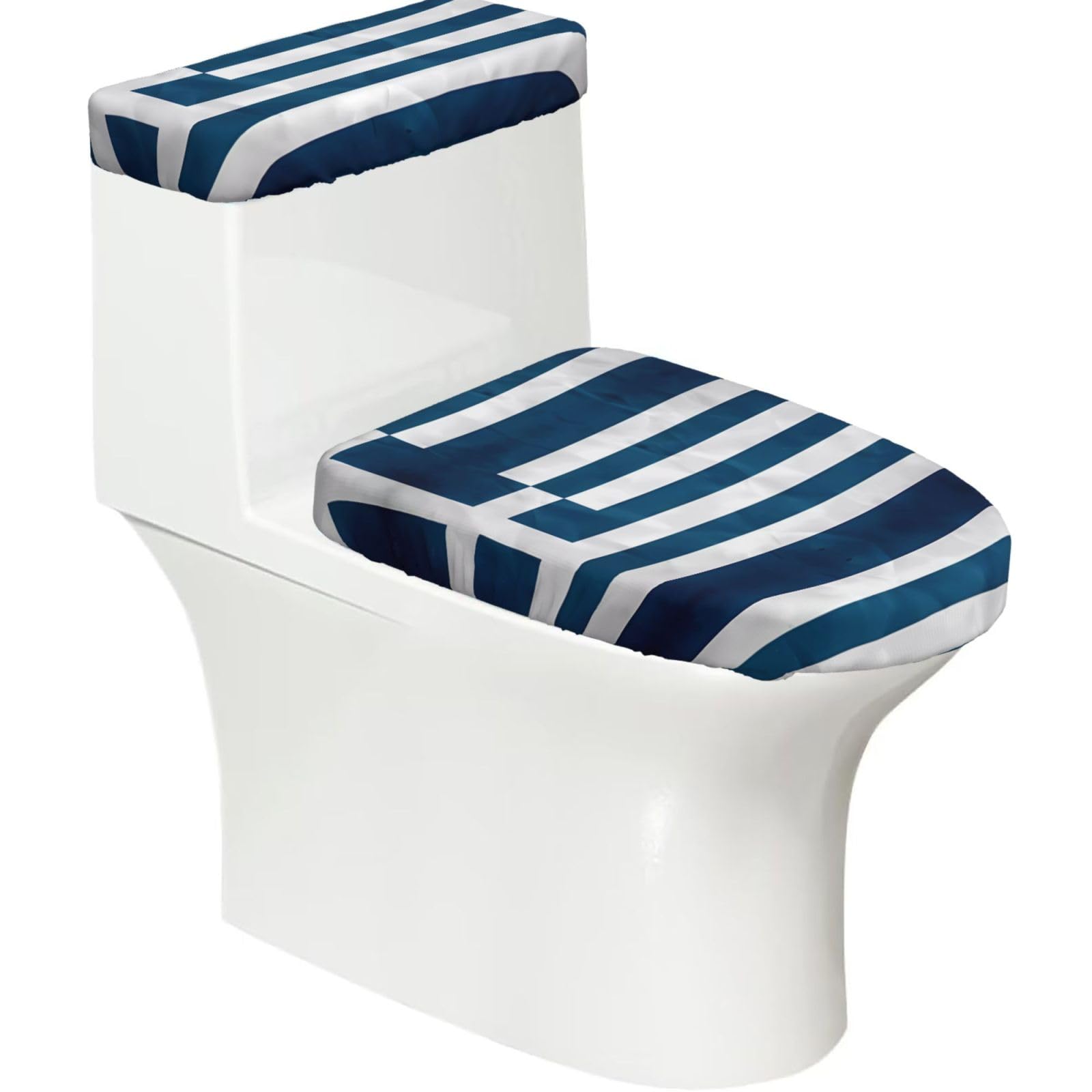 Greek Flag 2-Piece Toilet Seat Cover Set with Tank Lid - Elastic for U-Shape & Elongated - Bathroom Decor