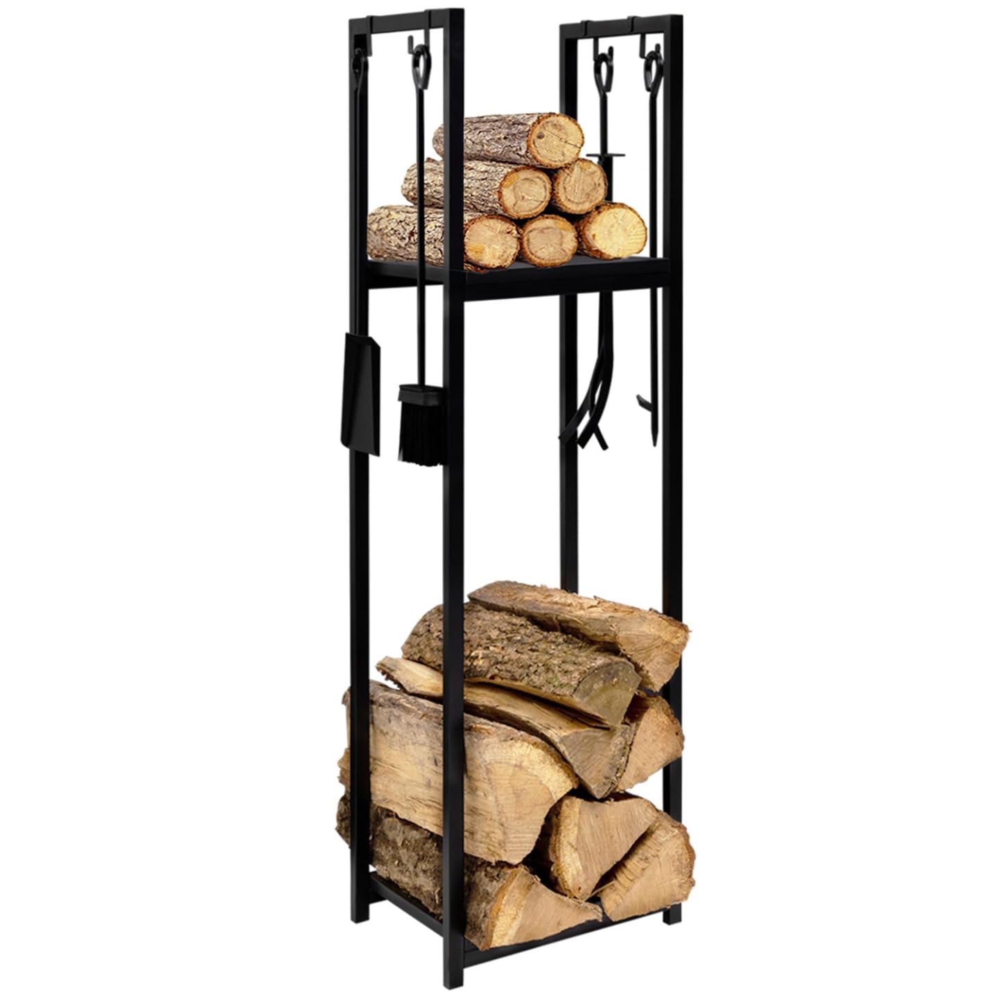 Range bûches vertical 112 cm IDMarket avec 2 étagères et accessoires de cheminée