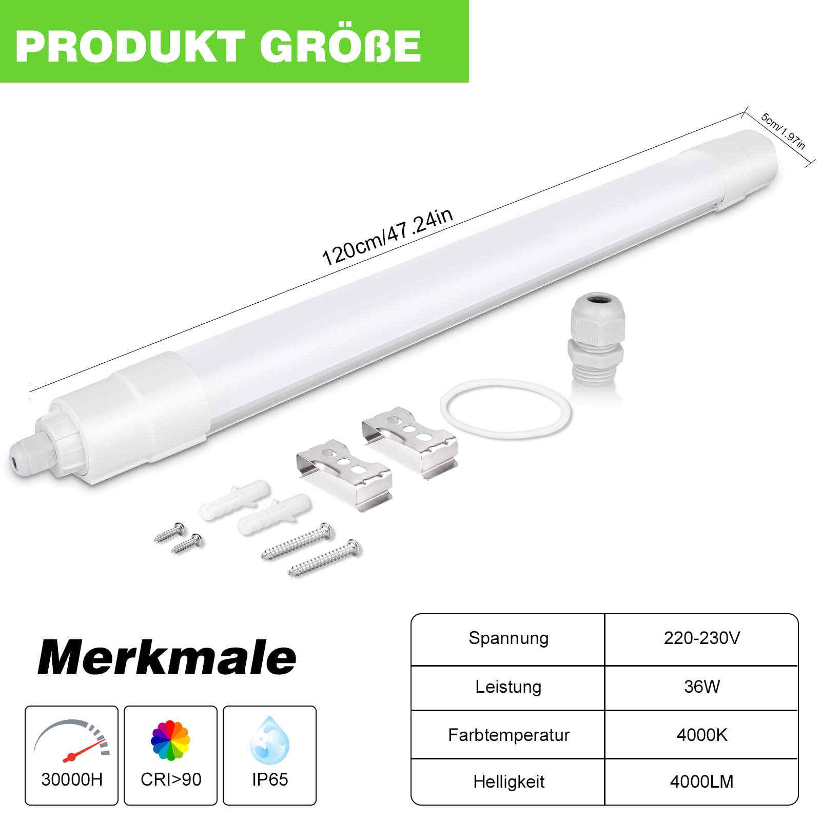 LED Feuchtraumleuchte 120CM, Wasserfest IP68 Feuchtraumlampe, 36W 4000LM LED Deckenleuchte Feuchtraum, LED Röhre mit 4000K Neutralweiß als Werkstattlampe, Kellerlampe, Garagenlampe