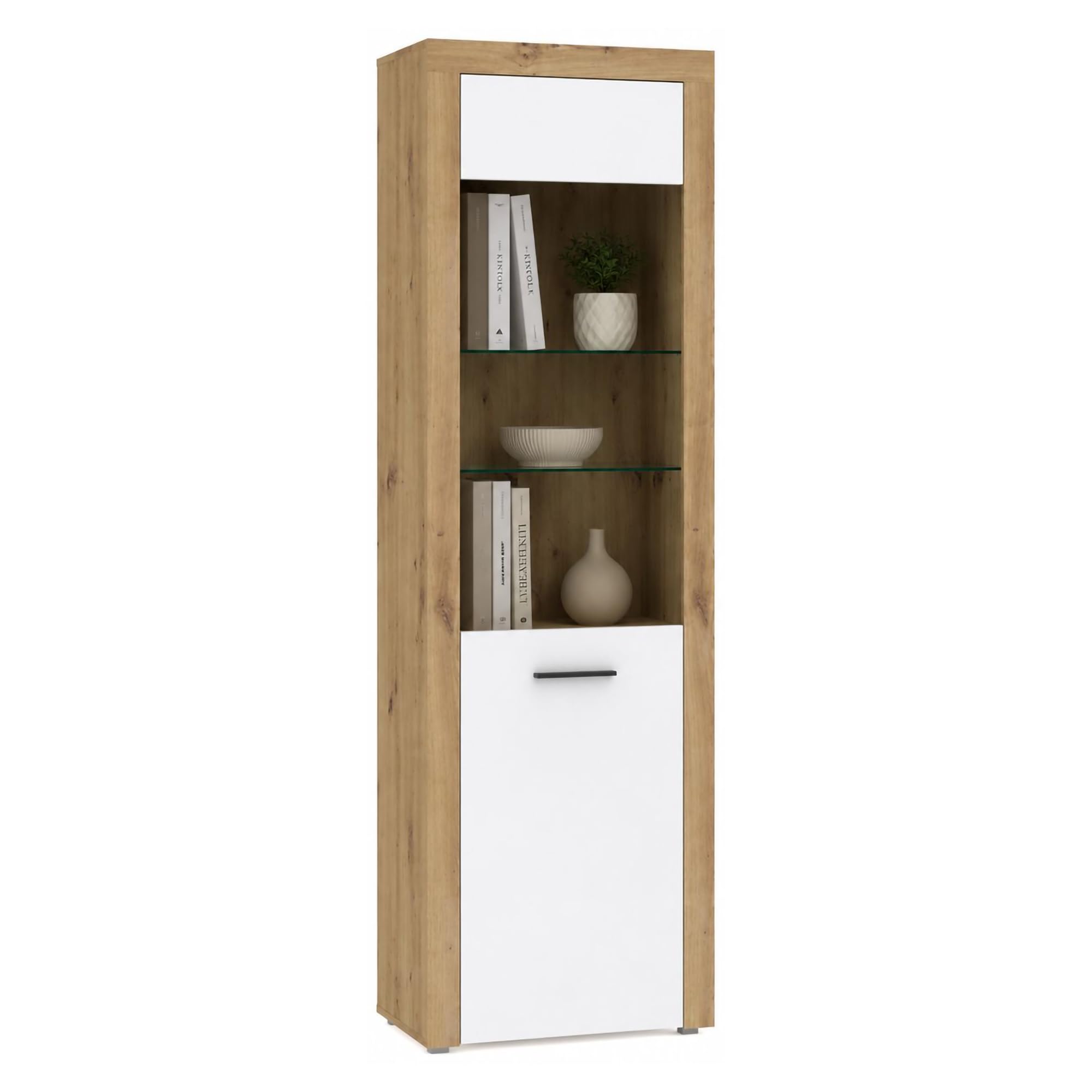 Dmora Biharugra - Vitrina de 65 x 42 x 192 cm de altura, color blanco, con 5 estantes y una puerta, mueble expositor con puerta y estantes, detalle de cristal LED no incluidos