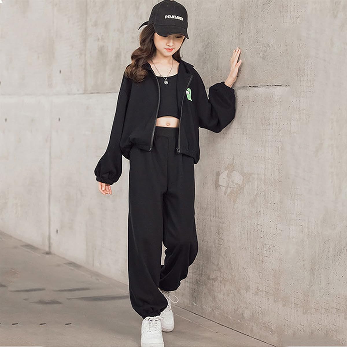 linboo Survêtement 3 pièces pour fille (veste de survêtement + pantalon de sport + haut court) - Tenue hip hop pour enfants et filles