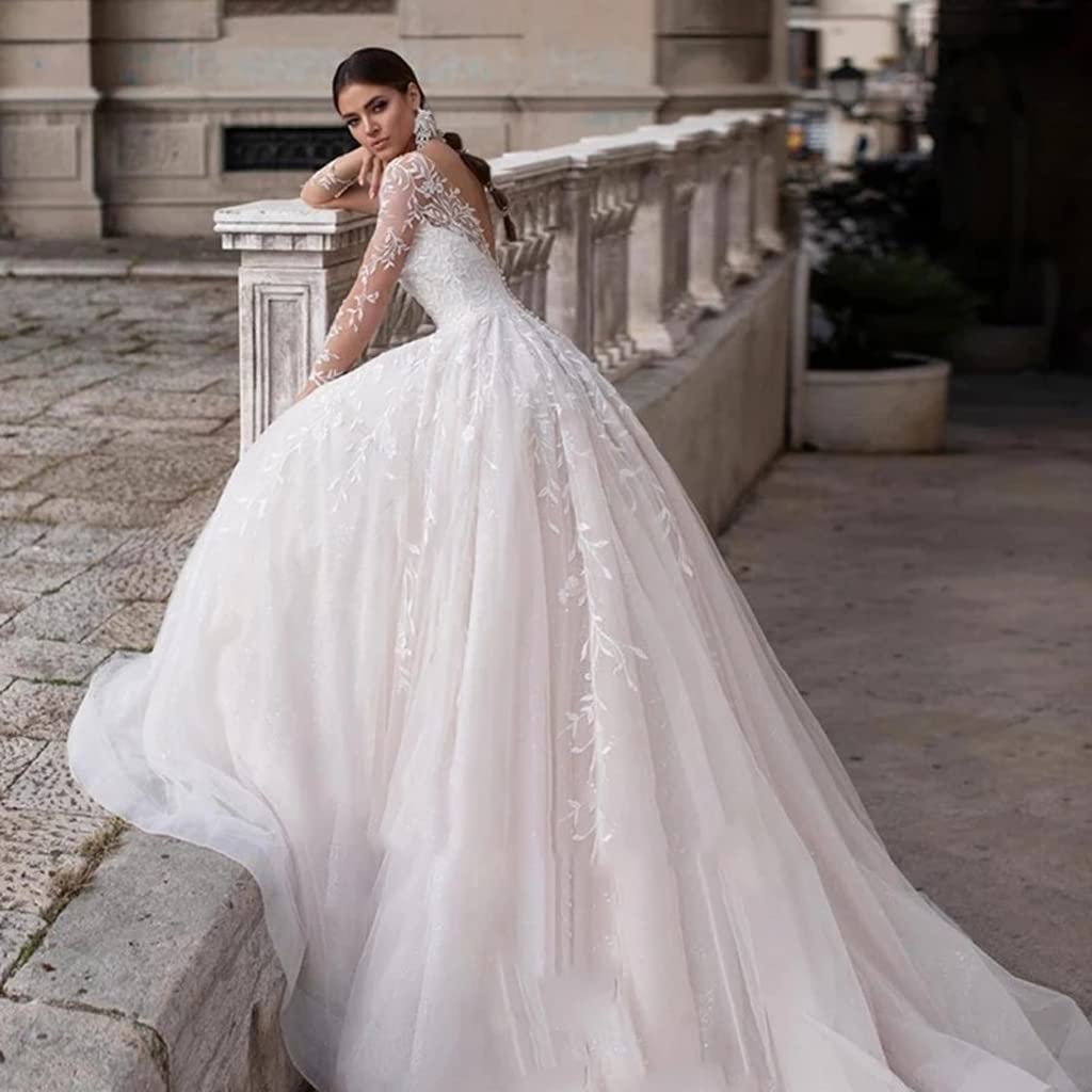 Vestito da Sposa Abito da Sposa Lungo Donna Matrimonio in Linea Manica Lunga con Scollo A V Elegante Schiena Nuda Abito da Sposa in Pizzo A Strascico Applique Bianco