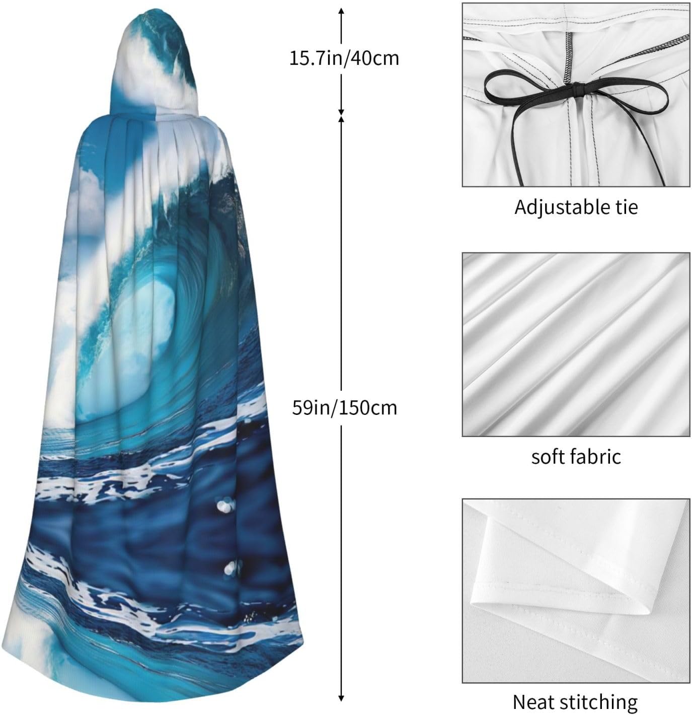 YANYU Big Ocean Wave HD Print Hooded Cloak Wizard Robe Hood Witch Dress Cosplay Cape Medieval Halloween Costumes