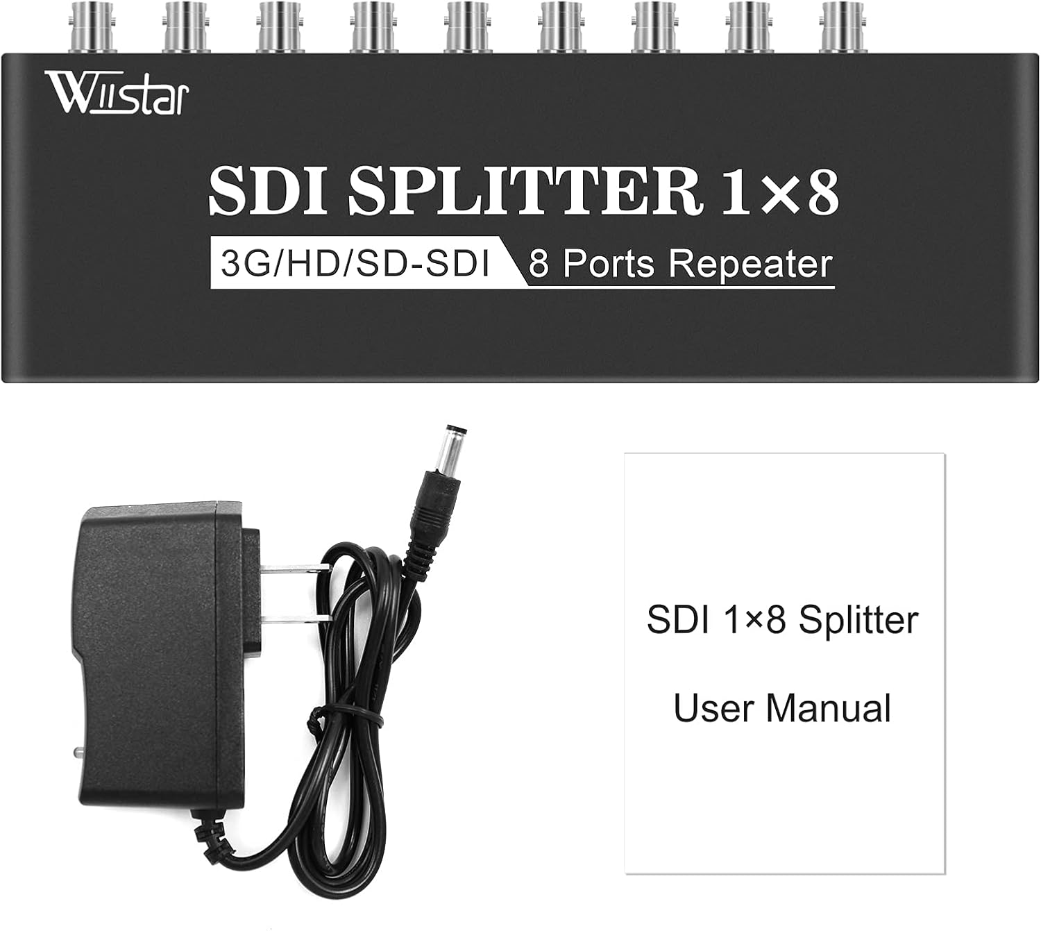 Wiistar SDI Splitter 1x8 SDI 1 in 8 Out Supports SD/HD/3G-SDI Repeater Extender with Power Adapter SDI Video Splitter for Monitor