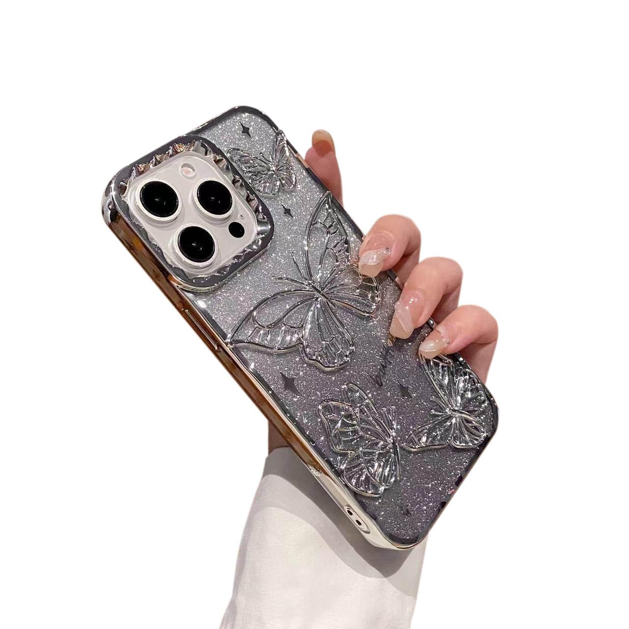 QQicea Bling Glitter Butterfly Phone Case Compatible with iPhone 14 Pro Max, 3D Butterflies Luxury case Soft Sparkling Cover for Women Girls (Silver)