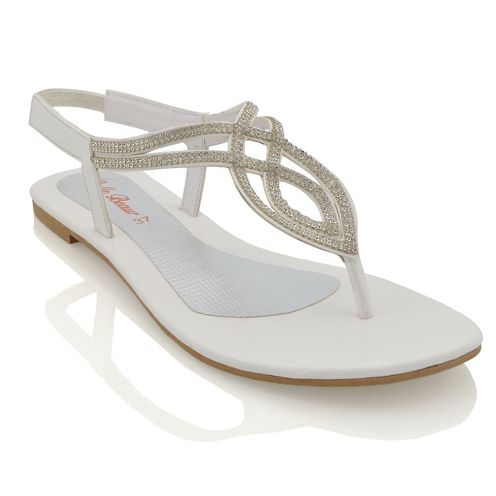 Womens Flat Sparkly T-Bar Sandals Ladies Slingback Stretchy Diamante Toe Post Flip Flop Shoes Size