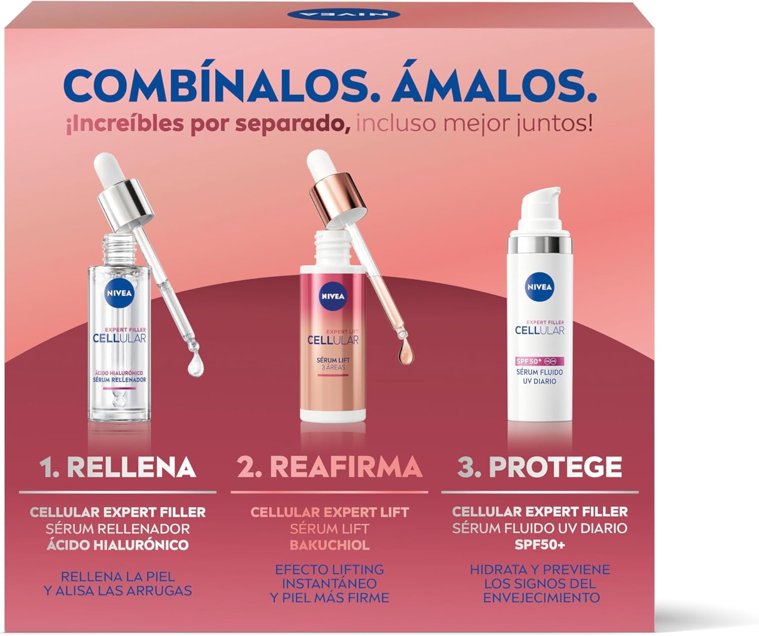 NIVEA Cellular Pack RutinaSérum Antiedad Efecto Rellenador y Reafirmante + Ácido Hialurónico (1 x 30 ml) + Lift Bakuchiol (1 x 30 ml) + Sérum Fluido SPF50+