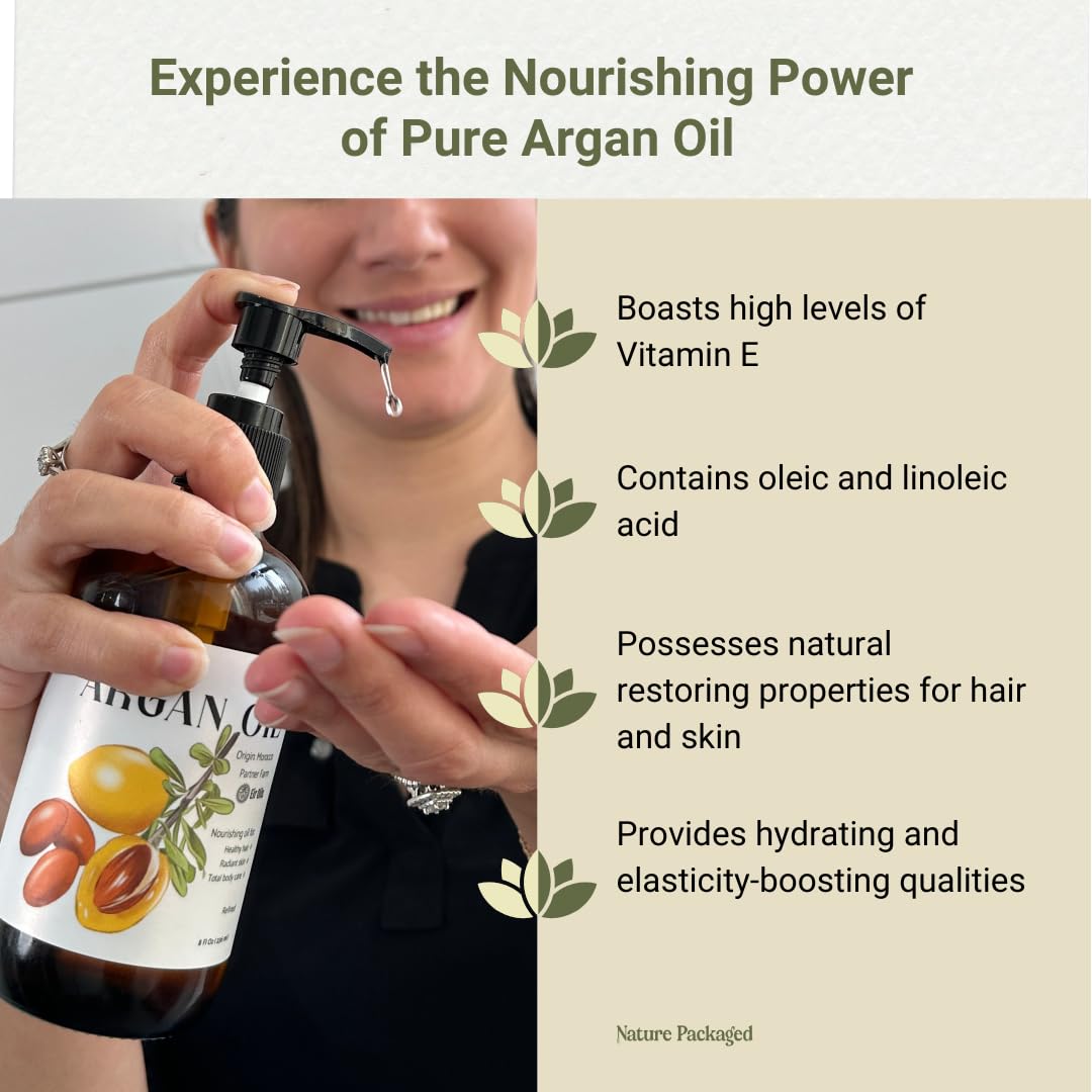 Nature Packaged Argan Oil for Hair Growth Oil 8oz (Aceite de Argan) - 100% Pure Cold Pressed Moroccan Oil with Pump - Suitable for Colored & Damaged Hair - Argan Oil for Face, Body Oils, Nail & Scalp