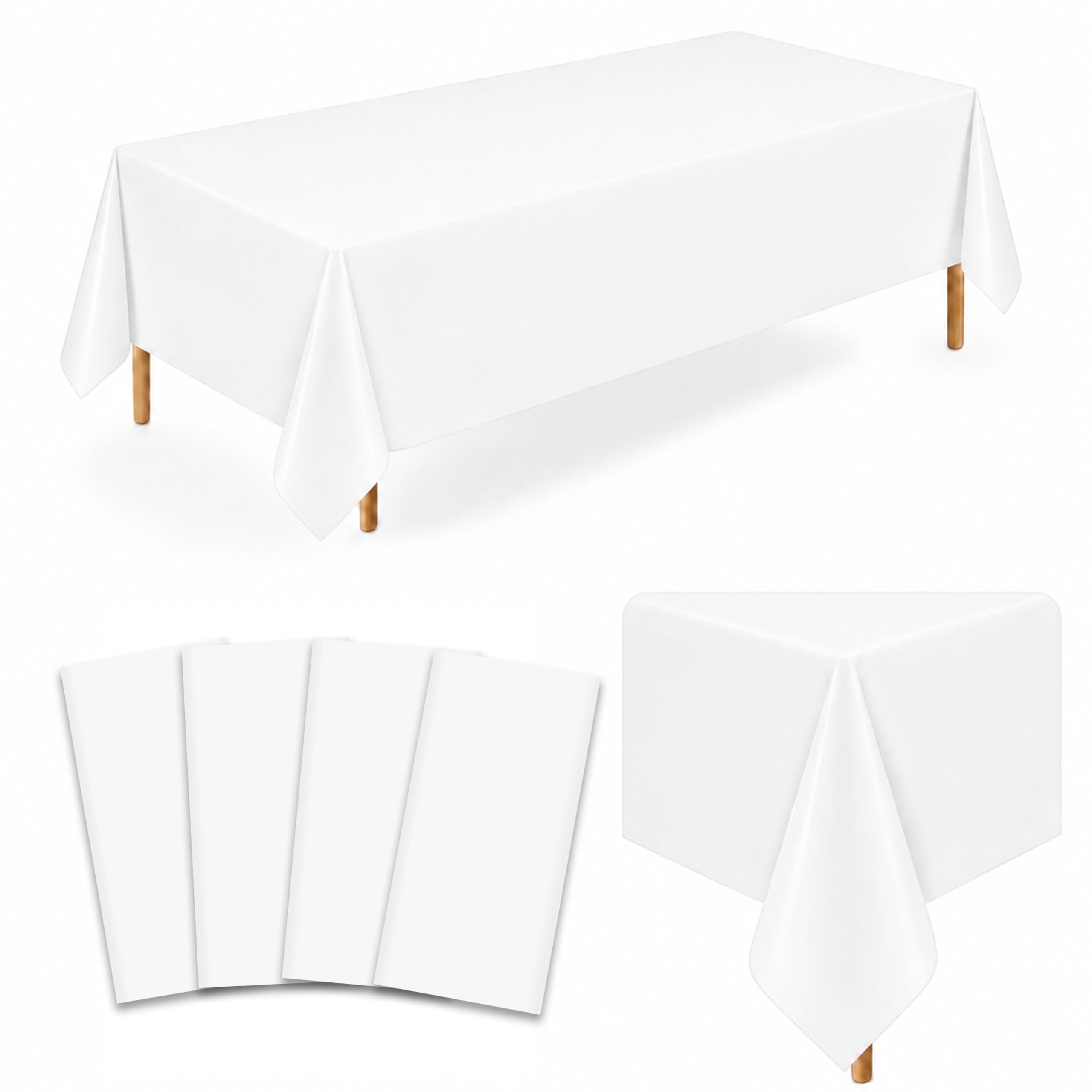 4 Pack White Plastic Tablecloths, 54 x 108 Inch Disposable Covers