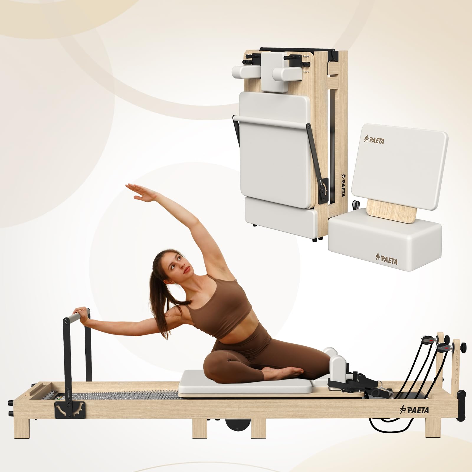 Pilates Reformer, PAETA 92" Wooden Pilates Reformer Machine with Springs, Pilates Machines for Home Use and Studio, Pilates Equipment with Sitting Box, Jump Board and Accessories