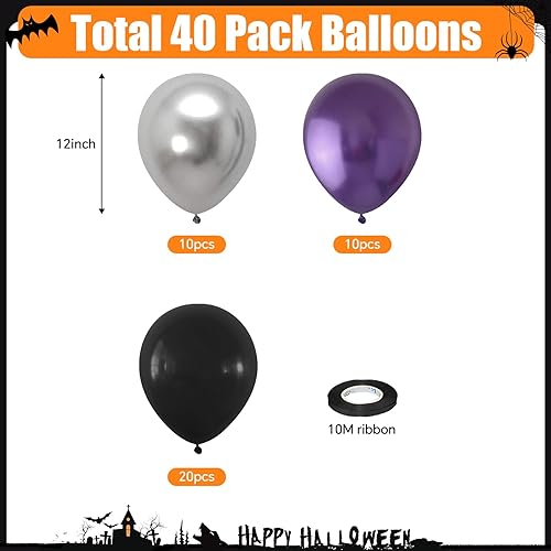 Miniatura 2 de FEYG Globos de Halloween de 12 pulgadas, 40 globos de metal negro, morado, plateado, látex, decoración de fiesta de Halloween, celebración de