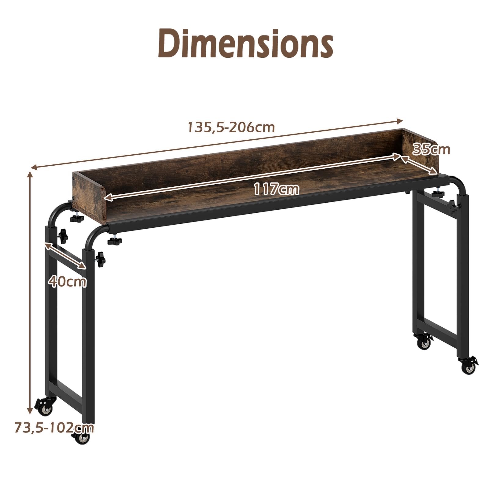 LIFEZEAL Scrivania, Tavolo Sopra Letto per Laptop, PC, con Ruote, 135,5-206x40x73,5-102cm, Max 75kg, Lunghezza e Altezza Regolabili, per Vari Letti, Carrello, Lungo, Stretto, Alto, Multiuso