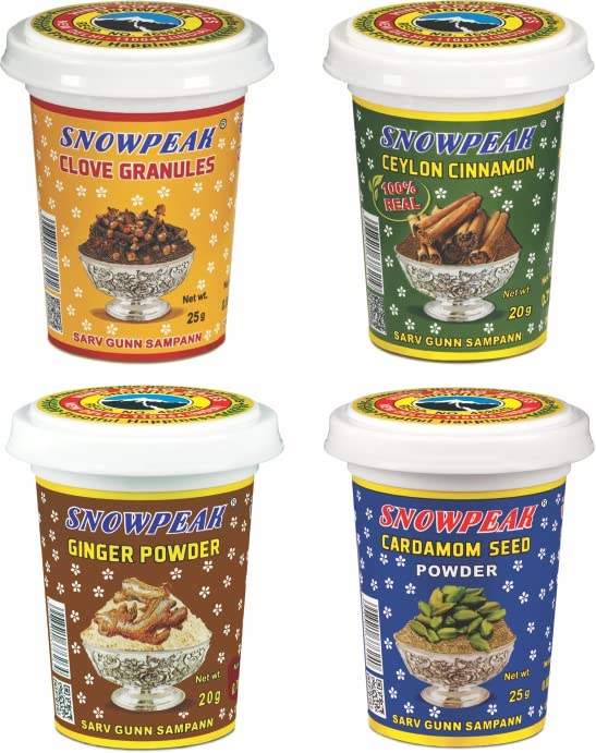 Snowpeak Spices Combo of Cardamom Powder (25 g), Clove Granules (25 g), Ginger Powder (20g) & Ceylon Cinnamon (20 g) | Highly Fragrant Flavourful Organic | Boosting Metabolism | Strong Aroma | Nice Flavor | Pack of 4 (B0BKTD515W) Amazon Price History, Amazon Price Tracker