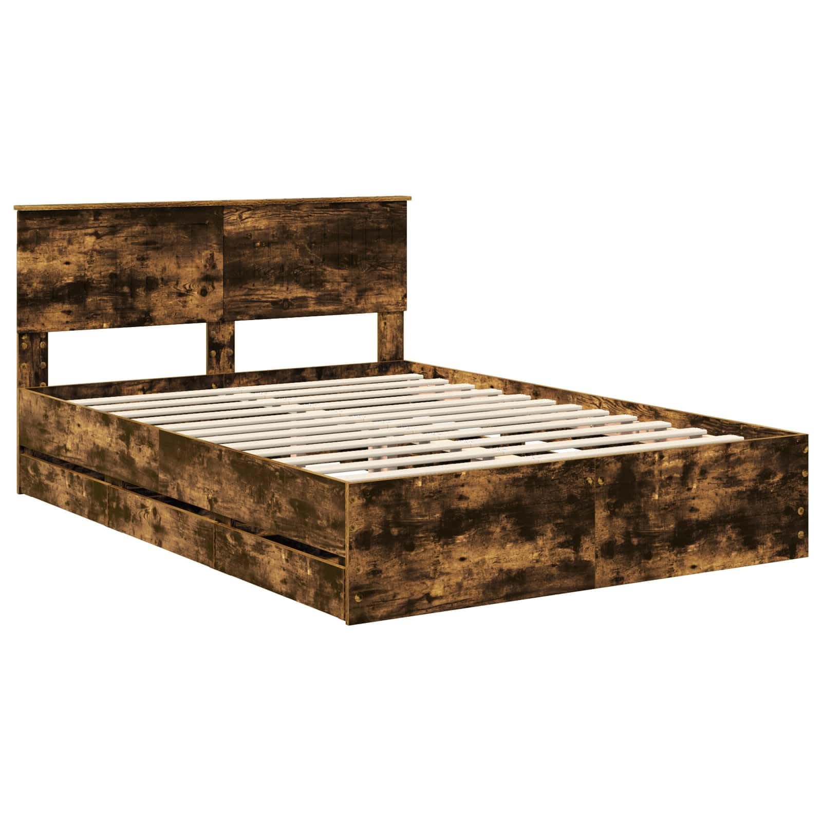 Rama łóżka z wędzonego dębu 140 x 190 cm z drewnem inżynierskim, nowoczesne wzornictwo, stabilne materiały drewnopochodne, 6 szuflad, na łóżko podwójne, miejsce do przechowywania, trwała