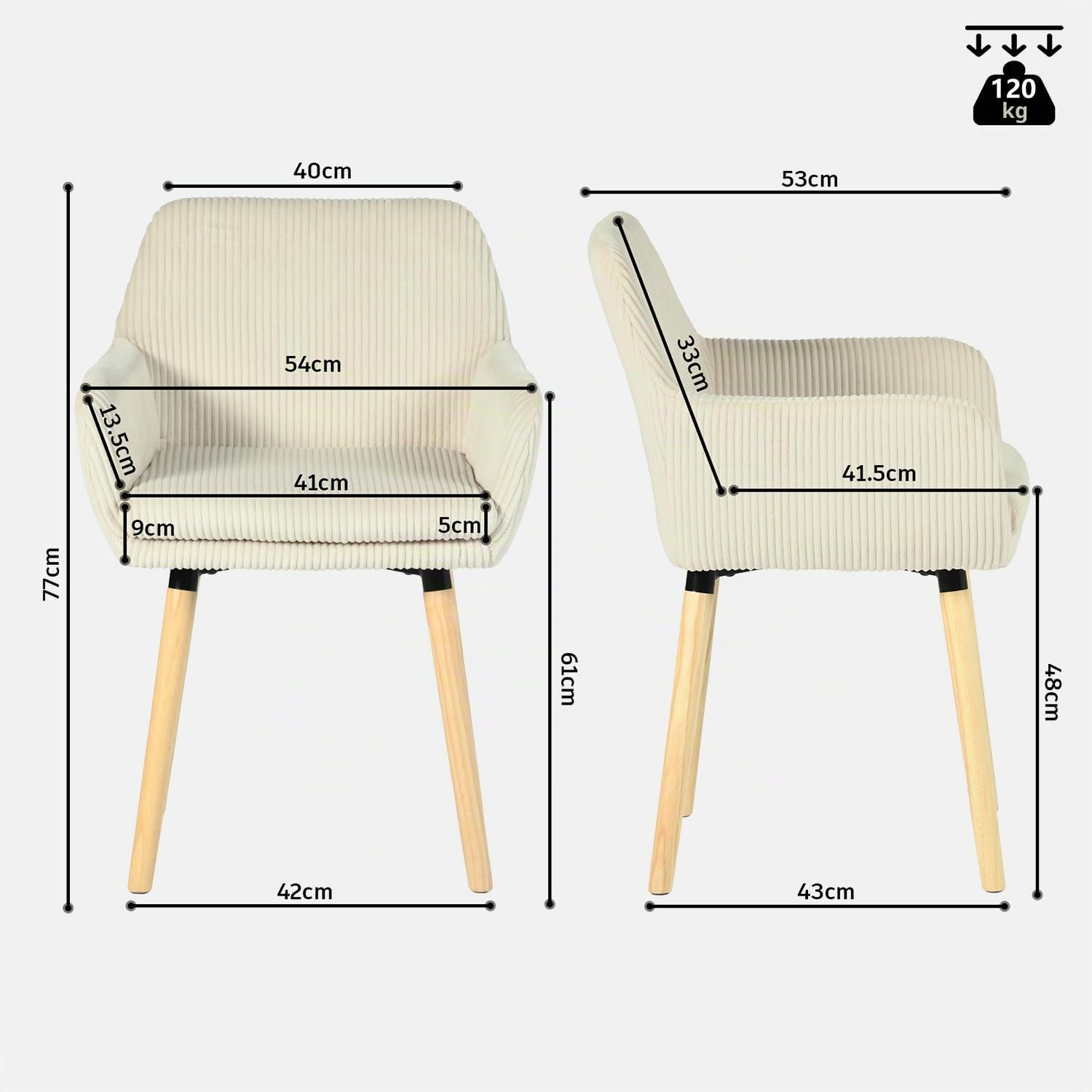 MEUBLE Cosy Sillas de Comedor Escandinavo Juego de 2, Sillas Cocina con Reposabrazos, Asiento Acolchado en Tela de Pana, Patas de Madera, Beige