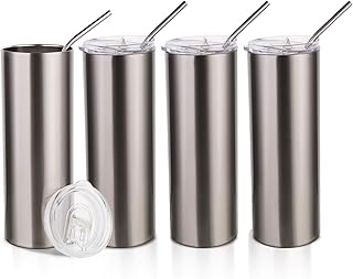 PYD Life Sublimation Blanks Skinny Tumbler Cups Silver 20 OZ Stainless Steel Straight Tumbler with Metal Straw for Tumbler Heat Press Sublimation Oven Printing 4 Pack