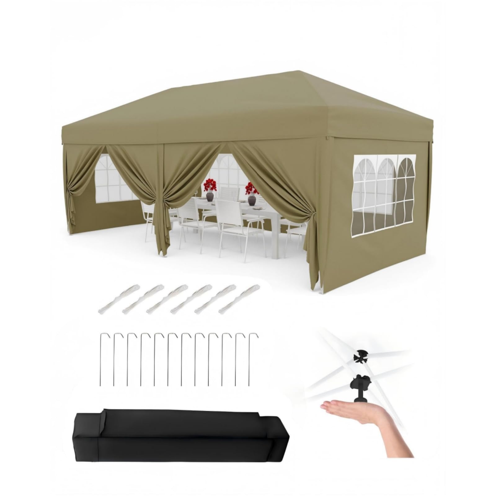 Heavy Duty 3x6m Pop Up Gazebo, 6 Removable Sidewalls, One-Touch Waterproof Outdoor Gazebo with Portable Carry Bag, 3 Adjustable Height, 4 Weight Bags, 8 Stakes & 6 Guy Ropes, for Camping, Khaki