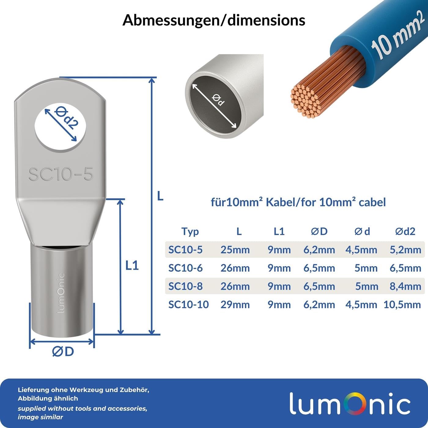 Lumonic 10x Koncówka kablowa rurowa 10mm² pusty | M5 | Miedz cynowana | Bezpieczne polaczenie kablowe bez lutowania | SC10-5, Zestaw 10 zaciskanych koncówek kablowych, zlacza zaciskane |