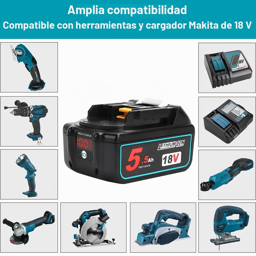 Powarobor 2 Packs BL1850B 18V 5.5Ah Li-Ion Batería Compatible con Makita 18V Herramientas Eléctricas Sin Cable, 5500mAh Batería de Ion Litio BL1850 BL1860 BL1830 BL1830B BL1840 BL1840B | BL1850 BL1860 BL1860B BL1840 BL1840B BL1845 BL1815 LXT-400 Herramien