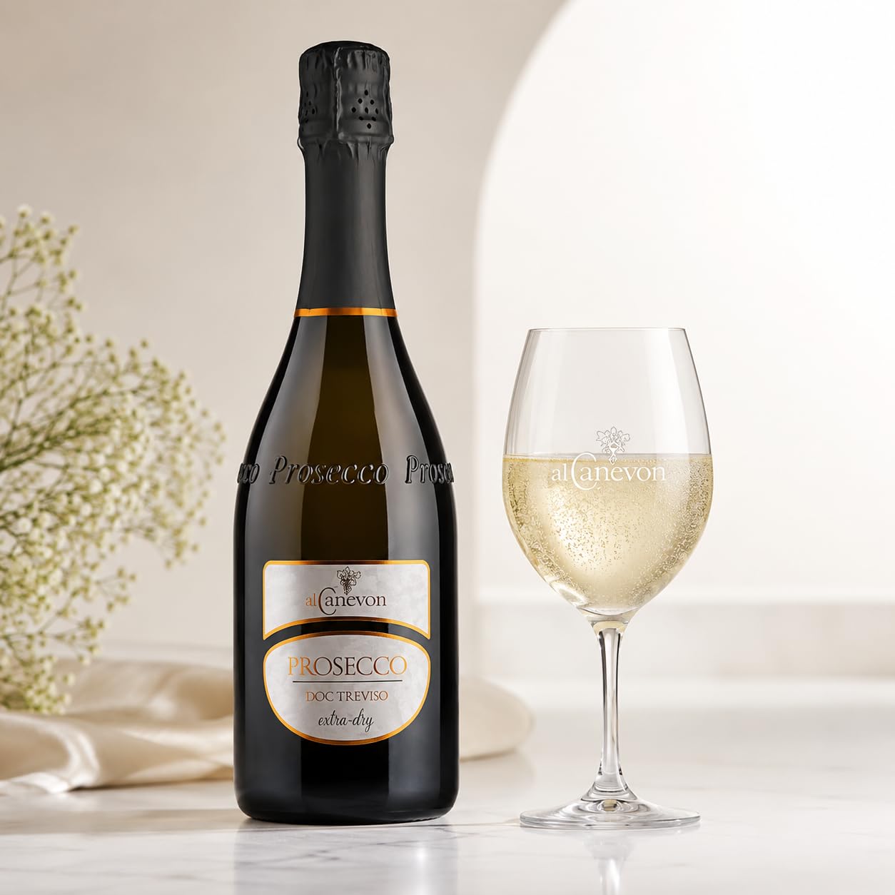 Prosecco DOC Treviso Extra Dry Al Canevon – Confezione 6 Bottiglie da 750 ml con 6 Calici Omaggio – Vino Spumante Italiano, Ideale per Aperitivo, Brindisi e Regalo