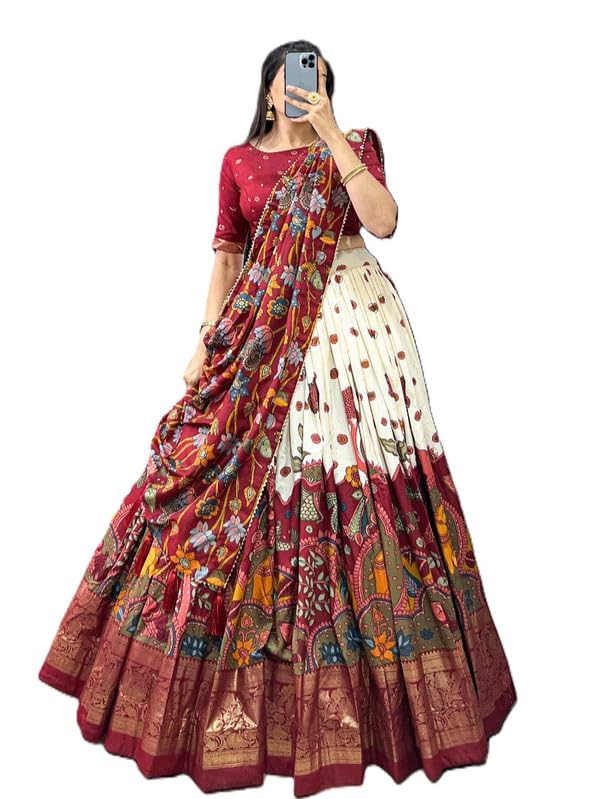 Women Printed Lehenga Choli Set with Dupatta | Cream Flared Ethnic Skirt with Contrast Blouse & Designer Print | Traditional Wedding, Festive-image-11