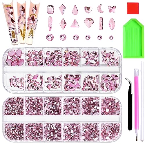 1620 Pcs Nail Art Rhinestones Pink Nail Charms Glass Nail Gems Wsimily Crystal Flatback Shiny Mixed Nail Rhinestones Beads for DIY Manicure Craft with Tweezer Storage Box Picker Pencil