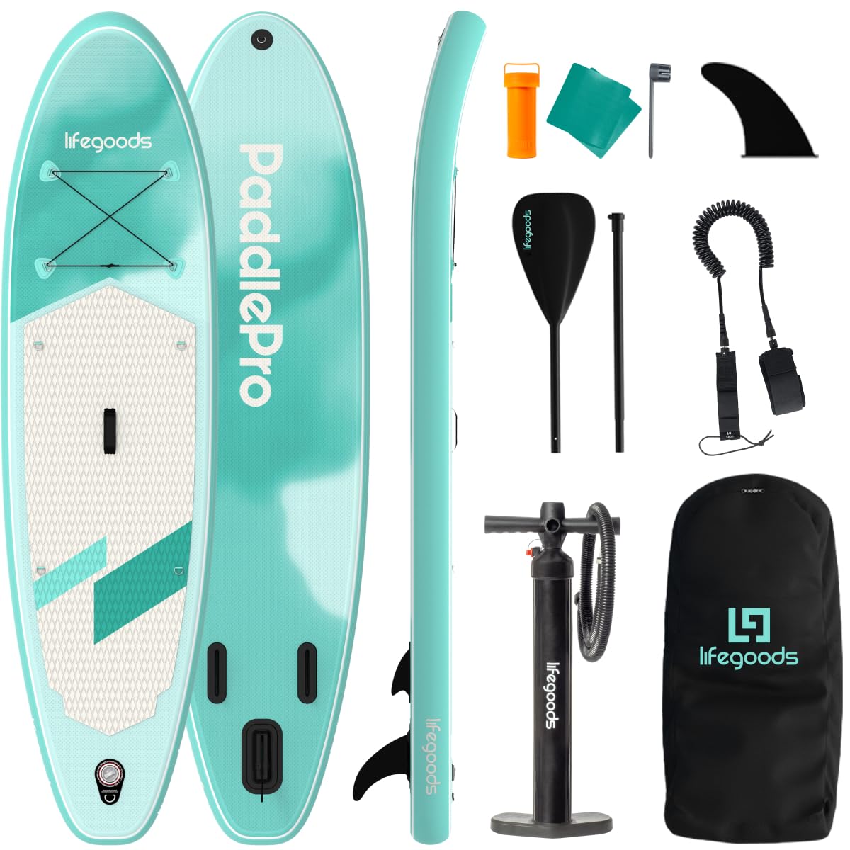 LifeGoods SUP Board Set - Aufblasbare Stand Up Paddling Board - Komplettes Set inklusive Zubehör und Verstellbares Padel - Geeignet für Anfänger und Fortgeschrittene - Bis 100KG - 320x81cm