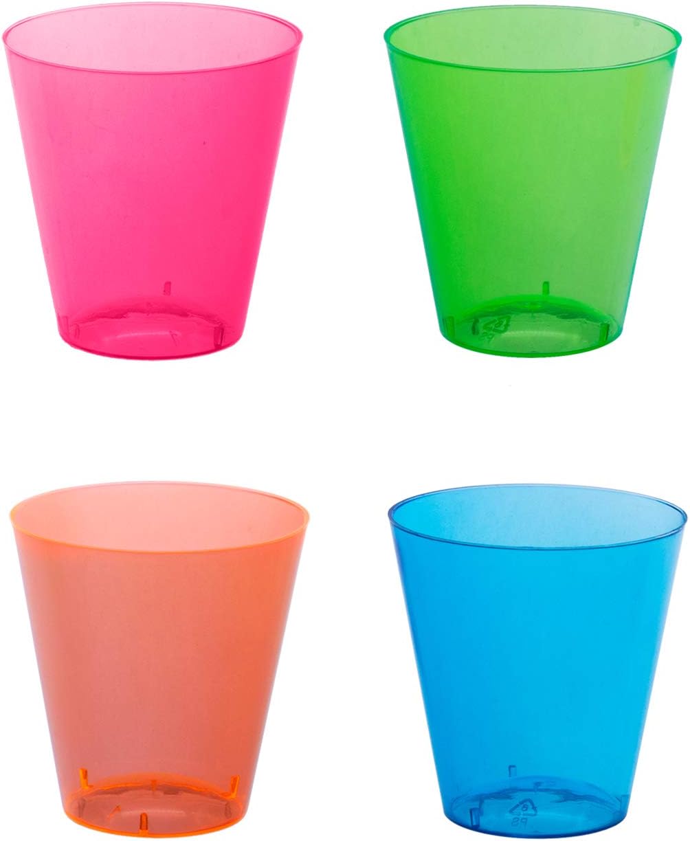 Party Essentials Hard Plastic 2-Ounce Shot/Shooter Gl, 200-Count, Assorted Neon