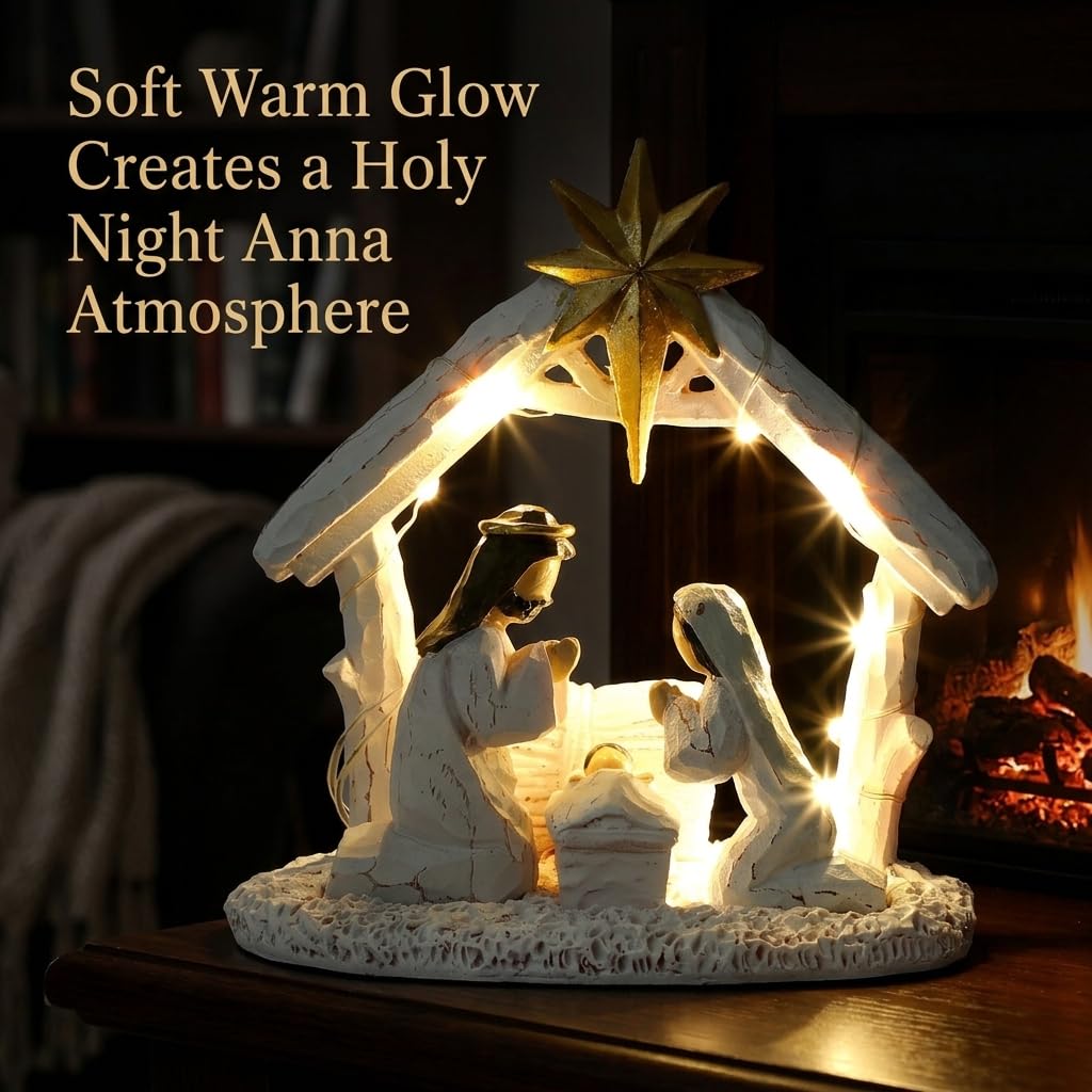 Crèche de Noël avec lumières, Figurine sculptée Peinte à la Main – Décoration de première Histoire de Noël, mangeoire de Vacances, crèche de Noël pour décoration d'intérieur, Table