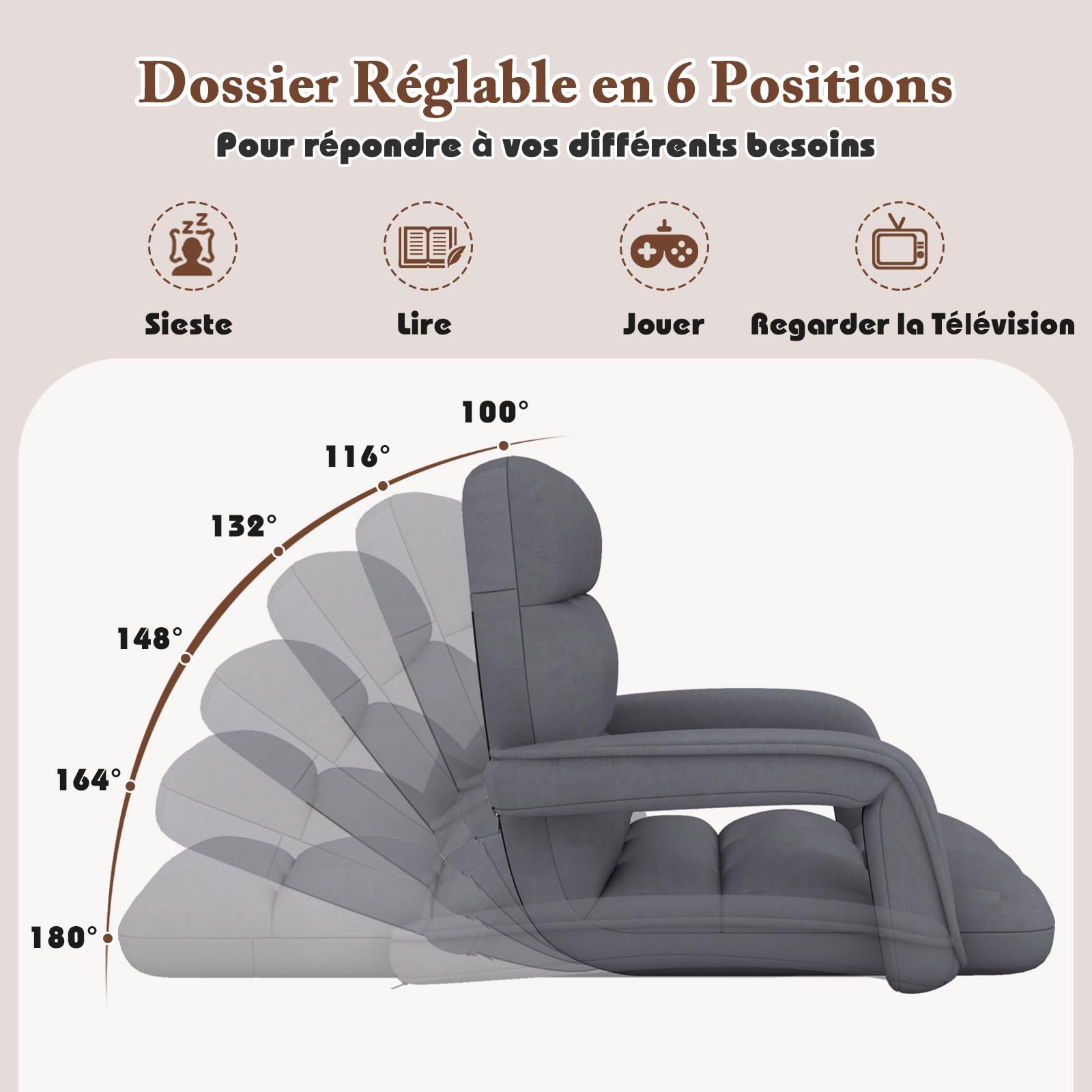COSTWAY Canapé Paresseux Tatami Pliable, Fauteuil de Sol Réglable, Chaise de Plancher Inclinable, Siège de Sol pour Maison, Bureau, 108 x 64 x 13 cm (Gris)