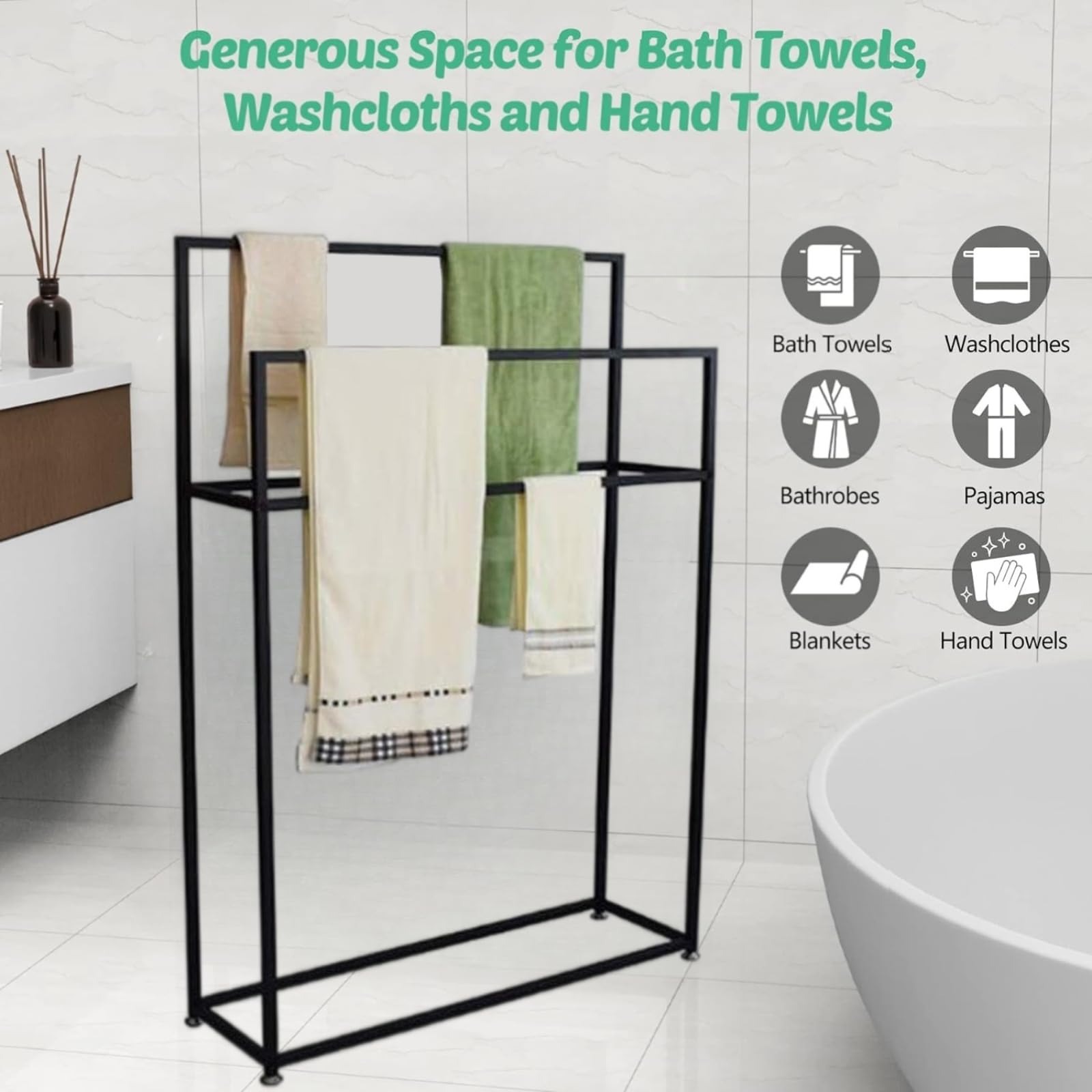 Porta asciugamani per piscina e spa, portasciugamani da pavimento indipendente, 2 ripiani, in metallo nero, porta asciugamani da bagno, per piscina, hotel, ufficio e casa, nero, 85 x 20 x 110 cm