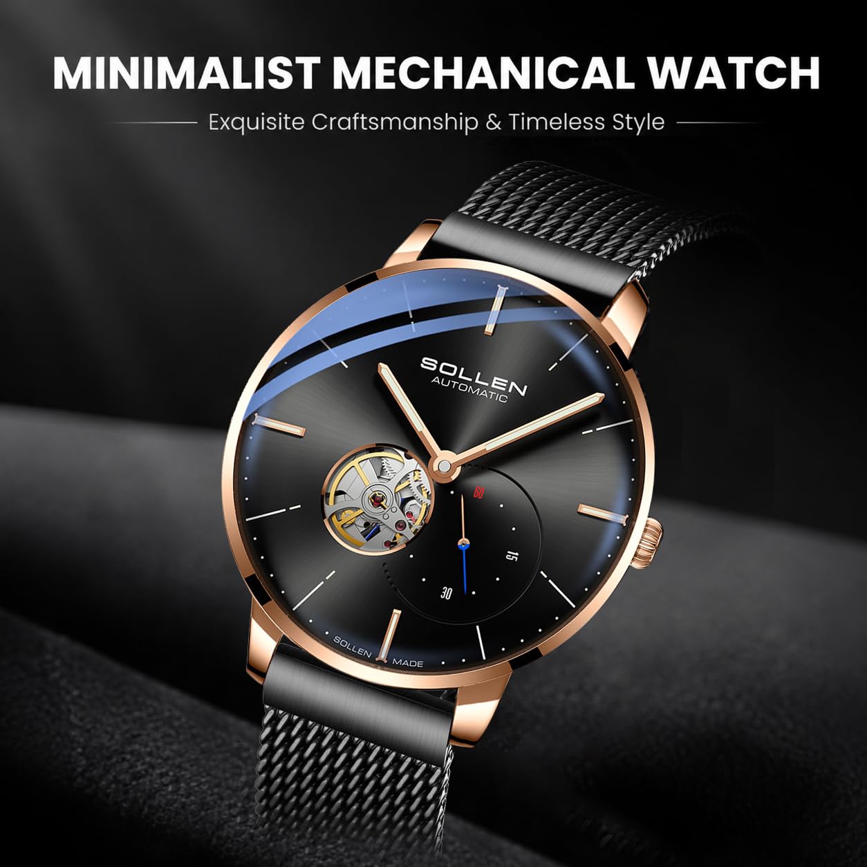 SOLLEN Relojes automáticos de esqueleto para hombre, relojes mecánicos minimalistas negros con manecillas luminosas y segunda subesfera, acero inoxidable, impermeable, elegante, de lujo, para uso