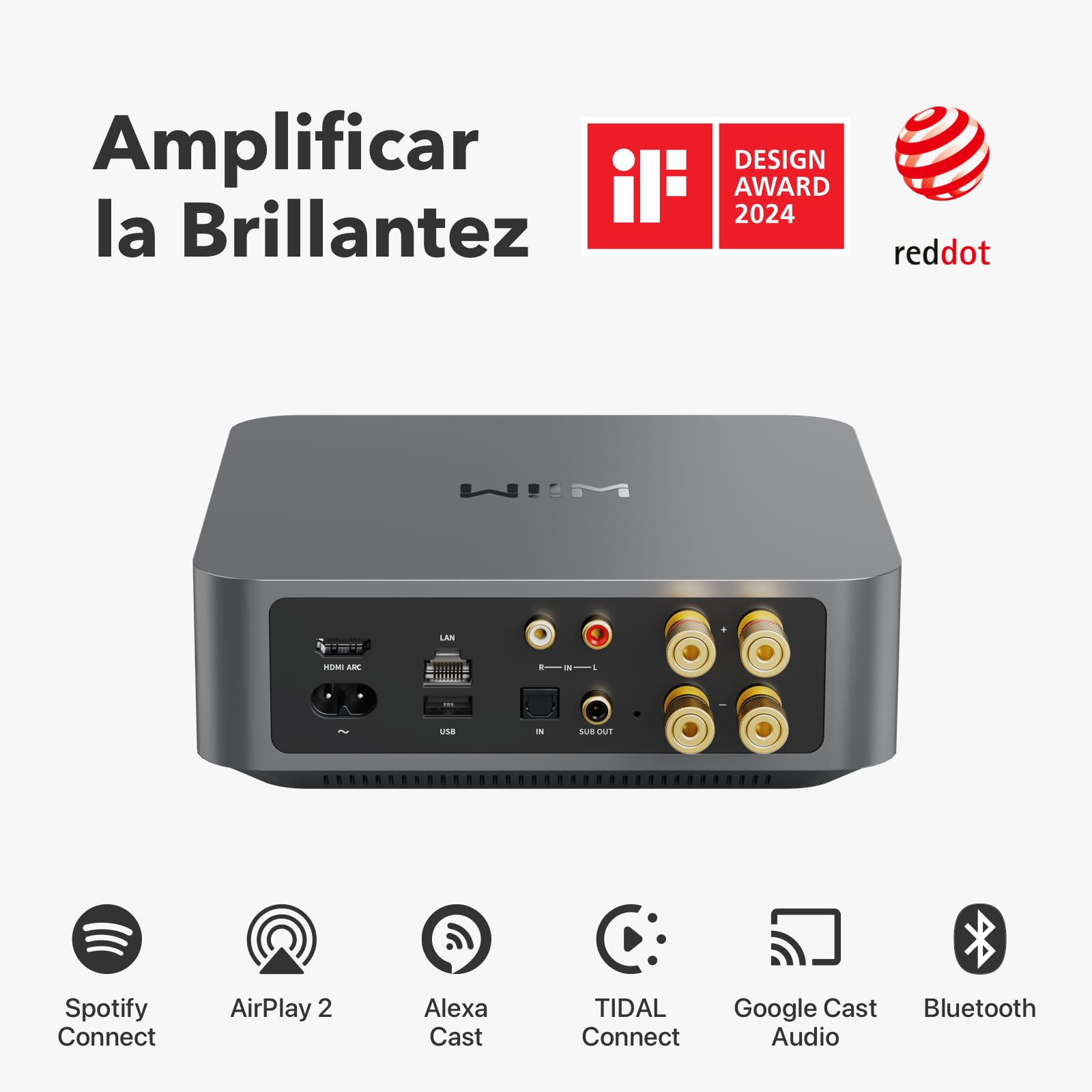 WiiM Amp: Amplificador de Streaming Multiroom | Compatible con AirPlay, Google Cast, Alexa | HDMI, Control por Voz | Transmite Desde Spotify, Amazon Music, Tidal y más | Gris Espacial