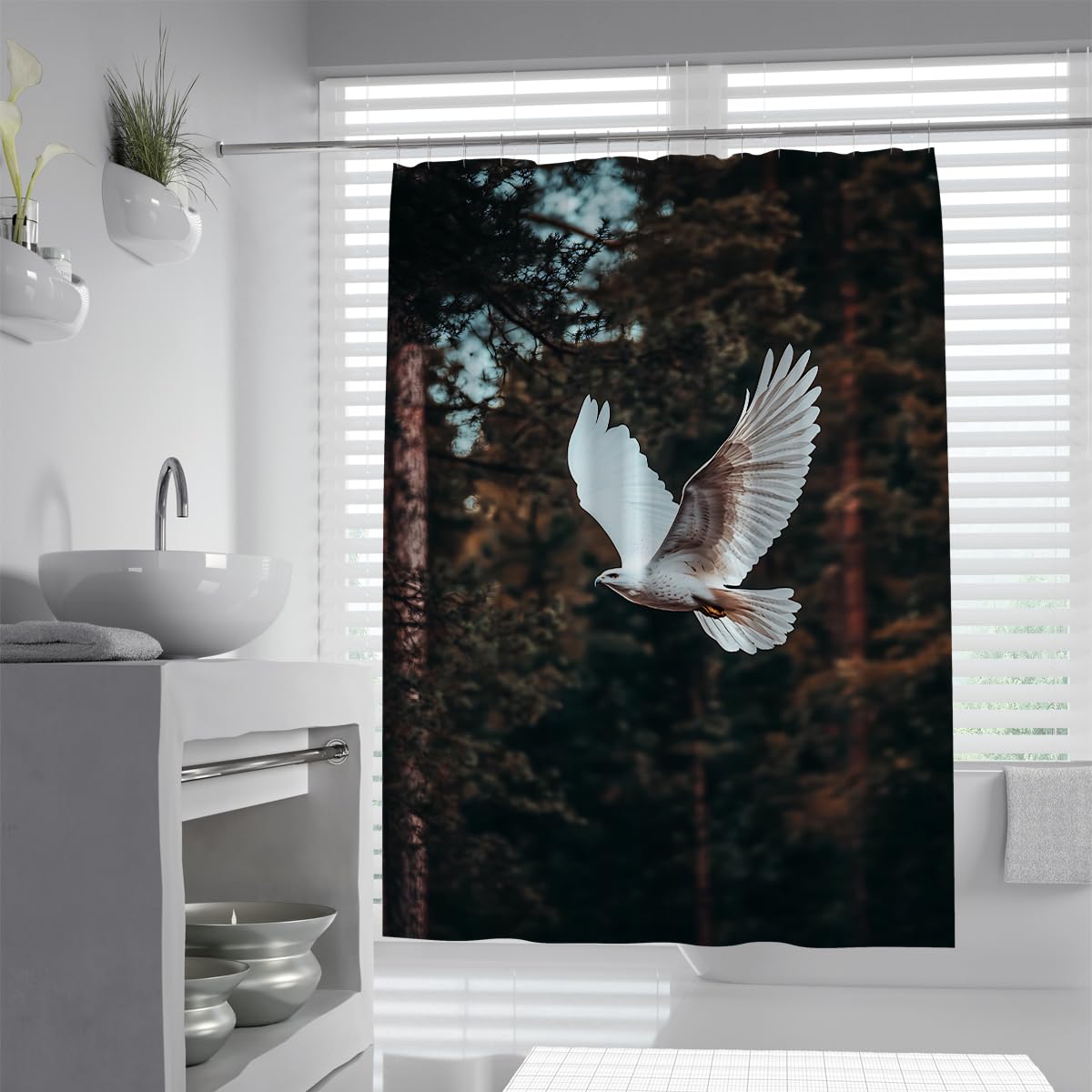 UIRINGART Flying Eagle Shower Curtain W200xL240cm Quick Dry Anti Mould White Bird Forest Trees Wildlife Fabric Bathroom Screen Rustproof Grommets Tub Liners Spa Gym