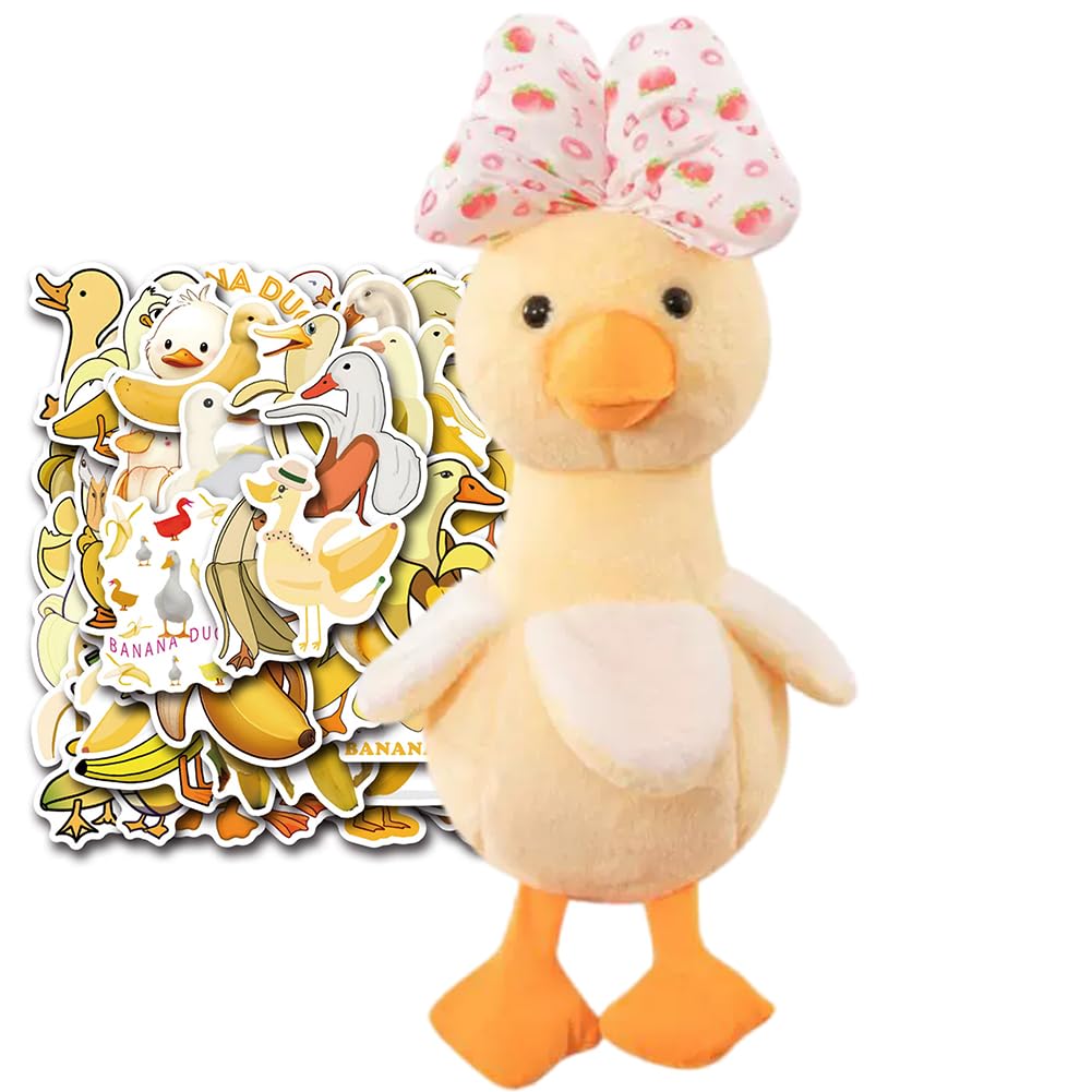 ZPSOSPZ Banana Duck Plush Toy,Yellow Duck Stickers,Animal Plush,Duc-k with Bow Soft Toy and 55 Stickers Set,Soft and Cuddly Plush Gifts for Kids and Adults,30 cm