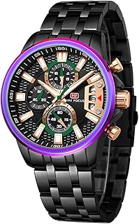 ساعة يد ستانلس ستيل رياضية وعصرية كرونوغراف بحركة كوارتز مضيئة للرجال من ميني فوكس، بمينا أسود