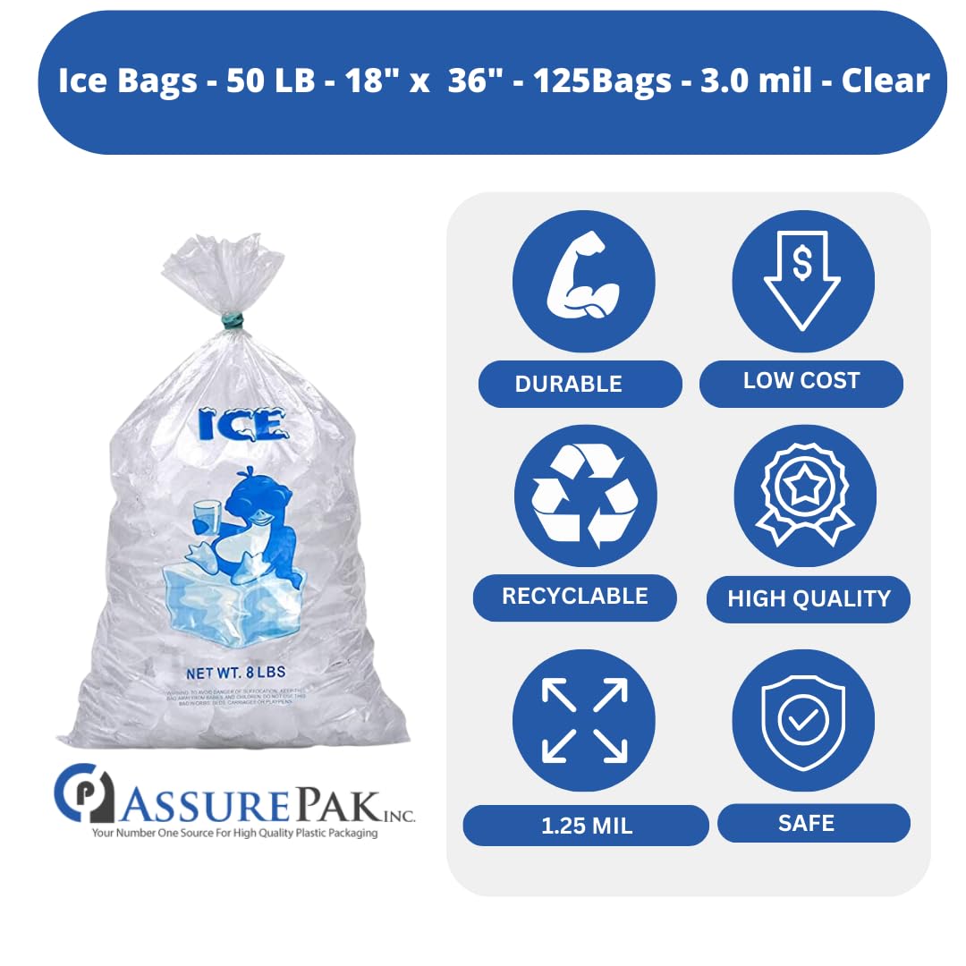 ASSUREPAK 22,7 kg Eisbeutel – 125 Beutel – 45,7 x 91,4 cm – 3,0 mm transparenter Kunststoff – kommerzielle Verwendung, Gefrierschrankaufbewahrung, Lebensmittelqualität Eisverpackung – AssurePak