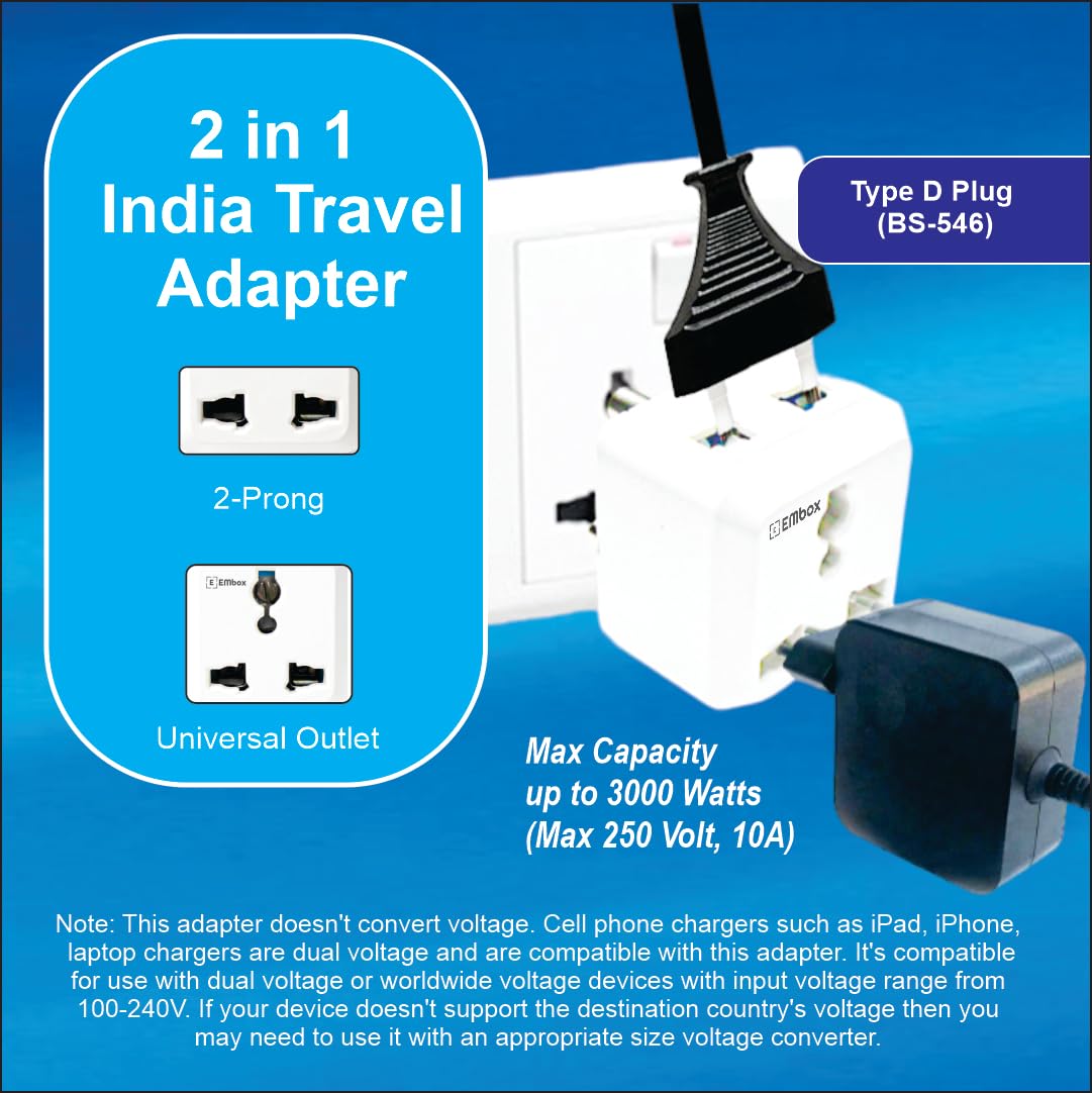 Embox 2 Pin Multi Plug Socket Type D Universal Adapter Compatible with US, UK, China Compact Plug Extension Socket and Converter for Computer Laptop Phone Camera, 6A Pack of 1 — Amazon image 2