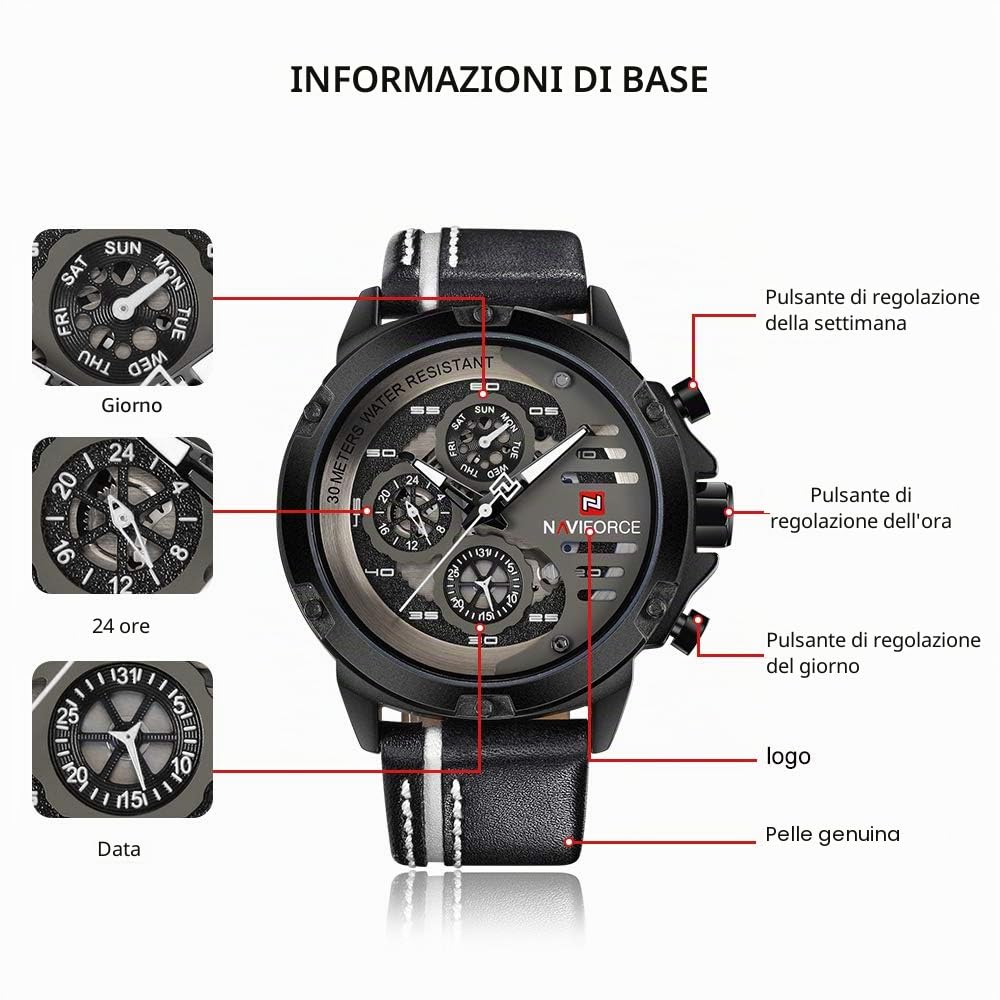 NAVIFORCE Orologio da polso da uomo, sportivo, militare, impermeabile, analogico, al quarzo, con data, multifunzione, in pelle