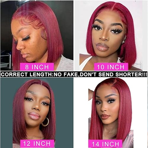 Miniatura 6 de Peluca de cabello humano 99J Bob burdeo 8 pulgadas 13X4 HD transparente, con encaje frontal 99J, peluca de encaje frontal burdeo para cabello