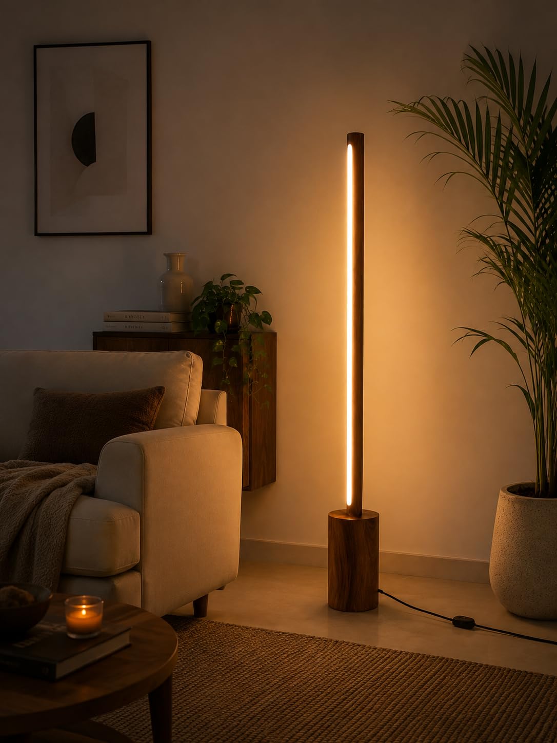 Modern LED Floor Lamp - Warm Light, Wooden Base -4 Modern LED Floor Lamp - Warm Light, Wooden Base -4