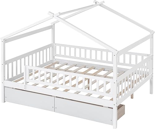 Miniatura 5 de Bellemave Cama de plataforma Montessori Full House para niños con 2 cajones de almacenamiento, barandillas y techo, madera maciza tamaño matrimonial