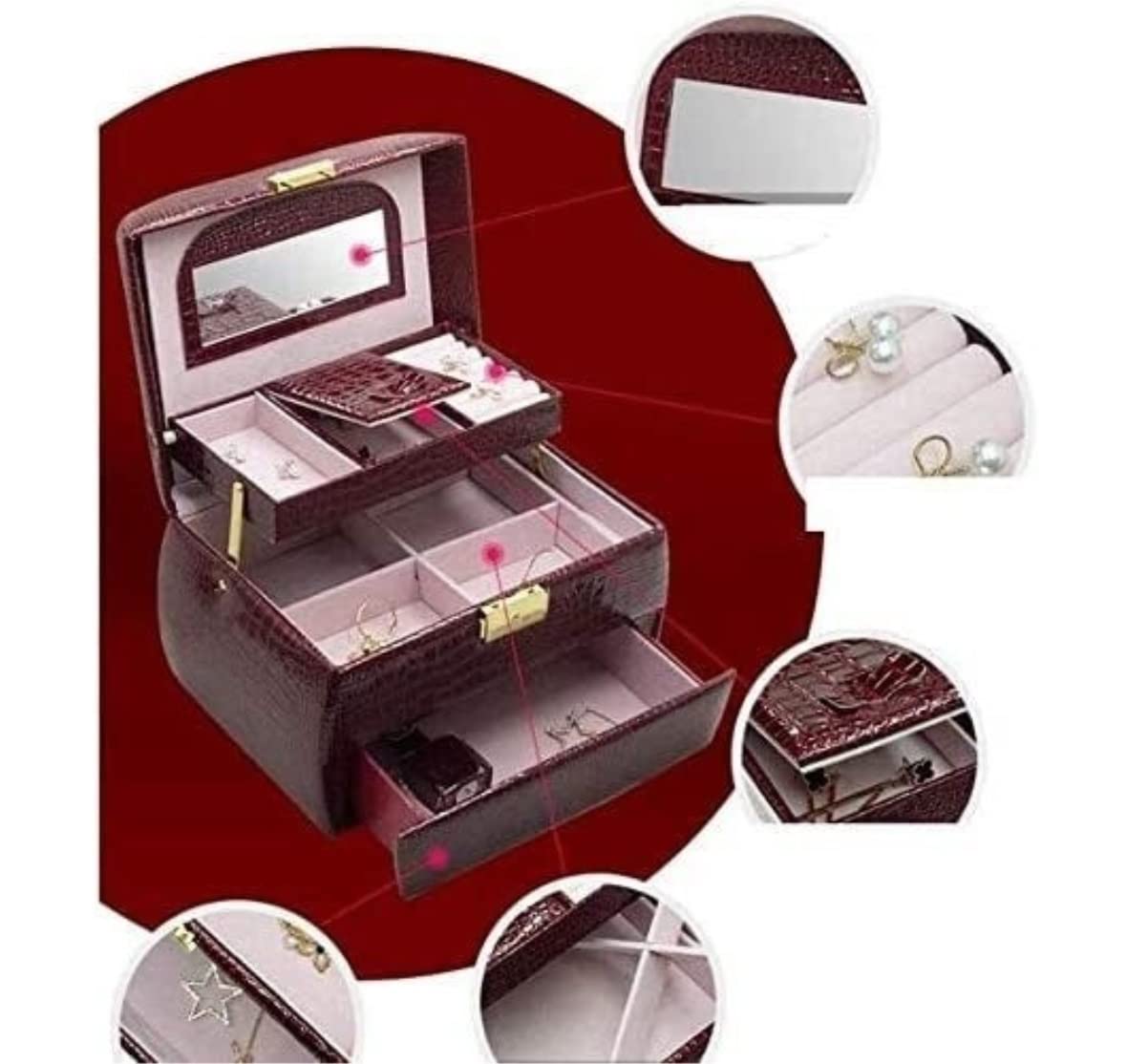 Box PU-Leder-Schmuckkästchen mit Schloss und Spiegel, abschließbar, für Reisen, für Ohrringe, Armreifen, Armbänder, Halsketten, Ringe, Schmuckschatullen, Geschenk (Farbe: Weiß, Größe: 24 x 16 x 16