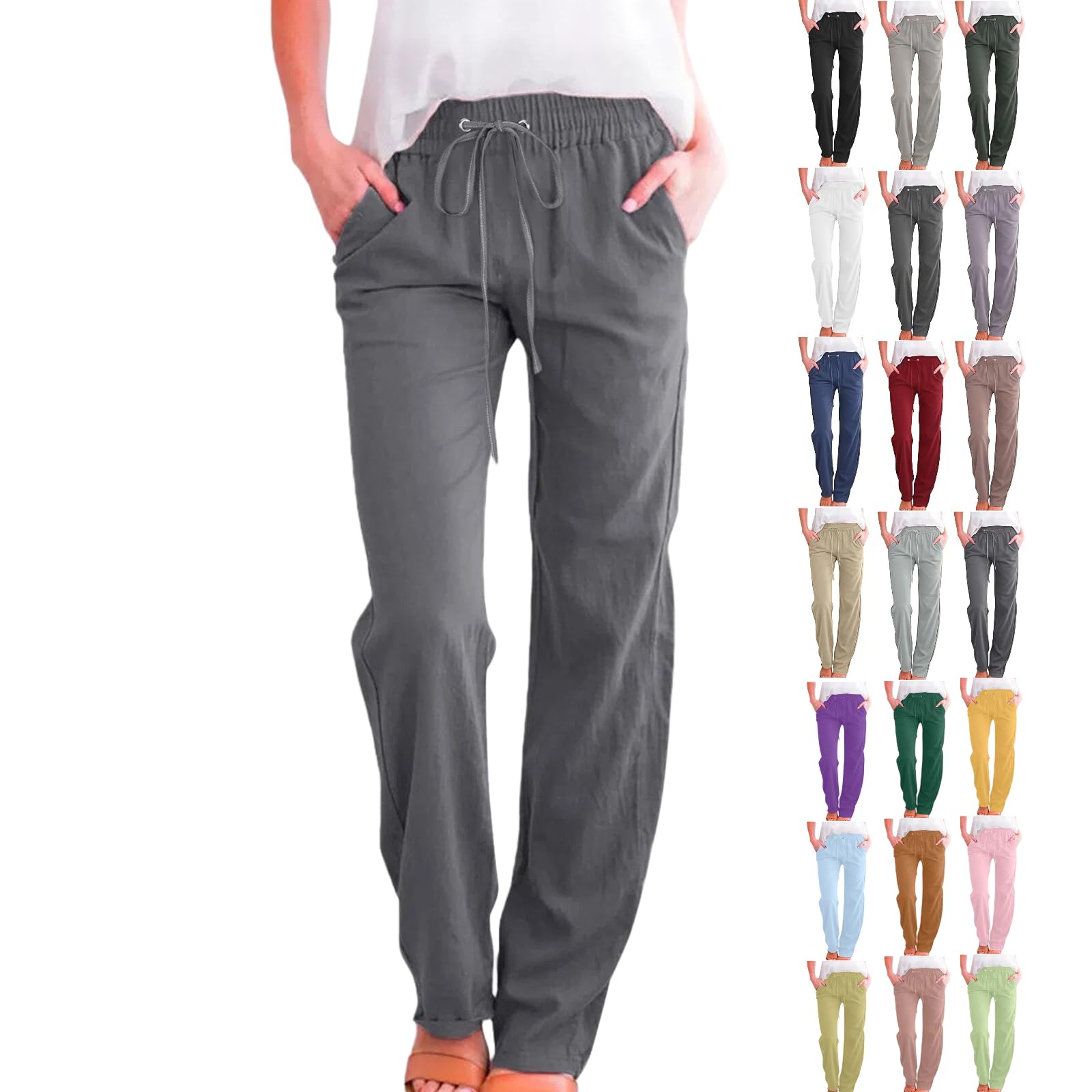 Linen Pants Women Spring Summer Dressy Casual High Waisted Drawstring Pant Cotton Straight Leg Lounge Trousers