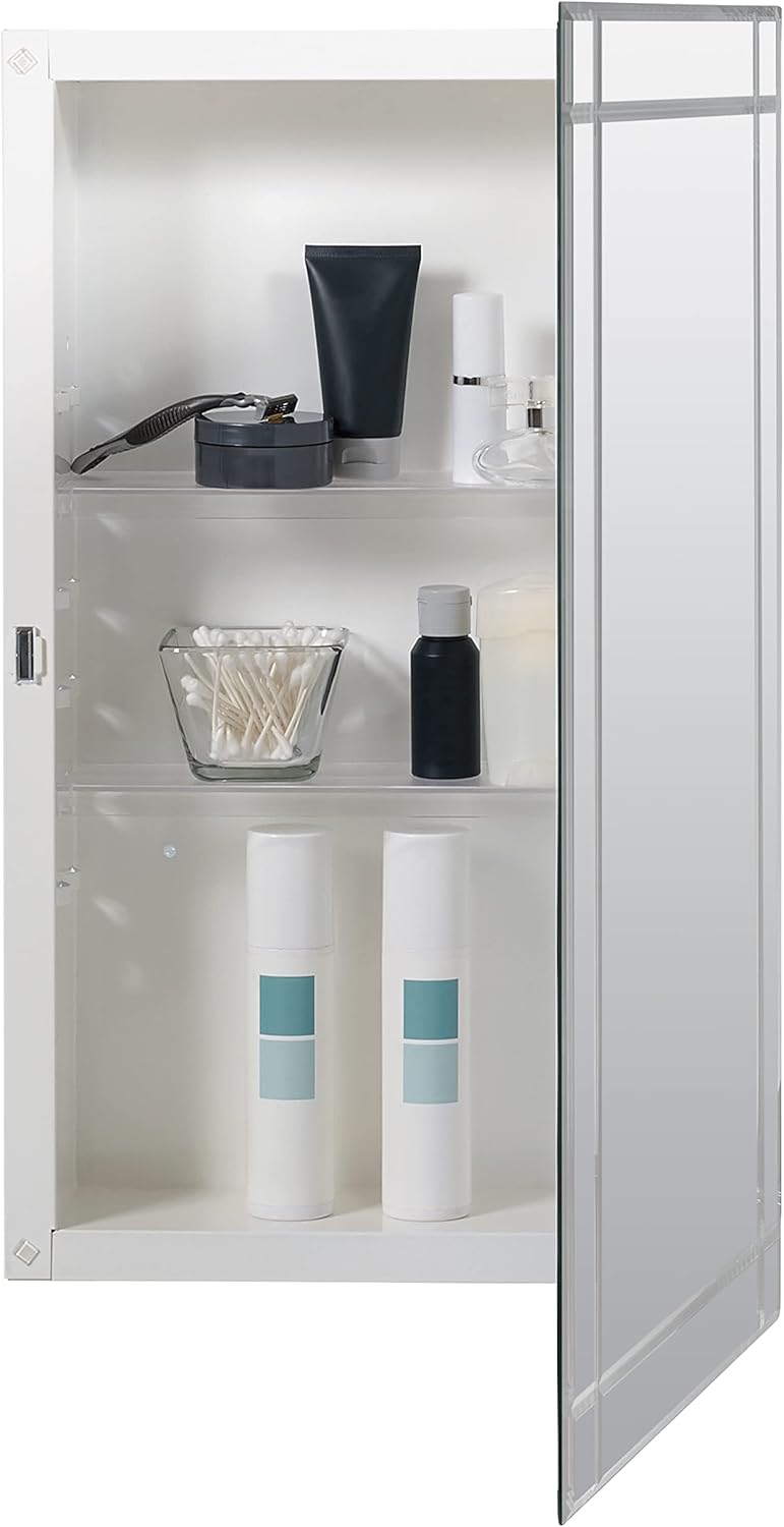 Zenna Home Frameless Swing Door Medicine Cabinet, Surface or Recess Mount, with Grooved Beveled Mirror, 16" W x 26" H, Stainless Steel