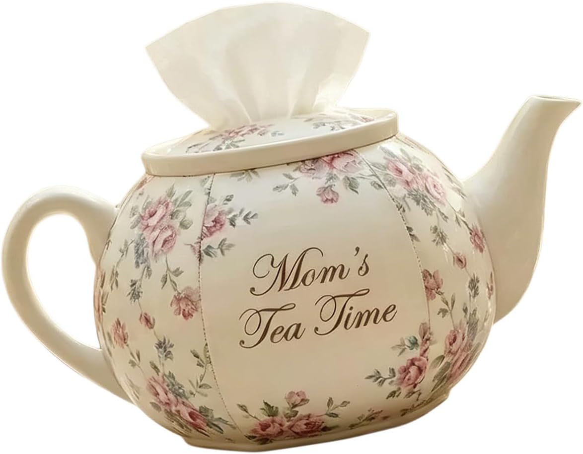 Lovely Teapot Inspired Tissue Box Holder Flower Stitched Fabric Great for Tabletop or Nightstand Presentation Blue and Floral Decor
