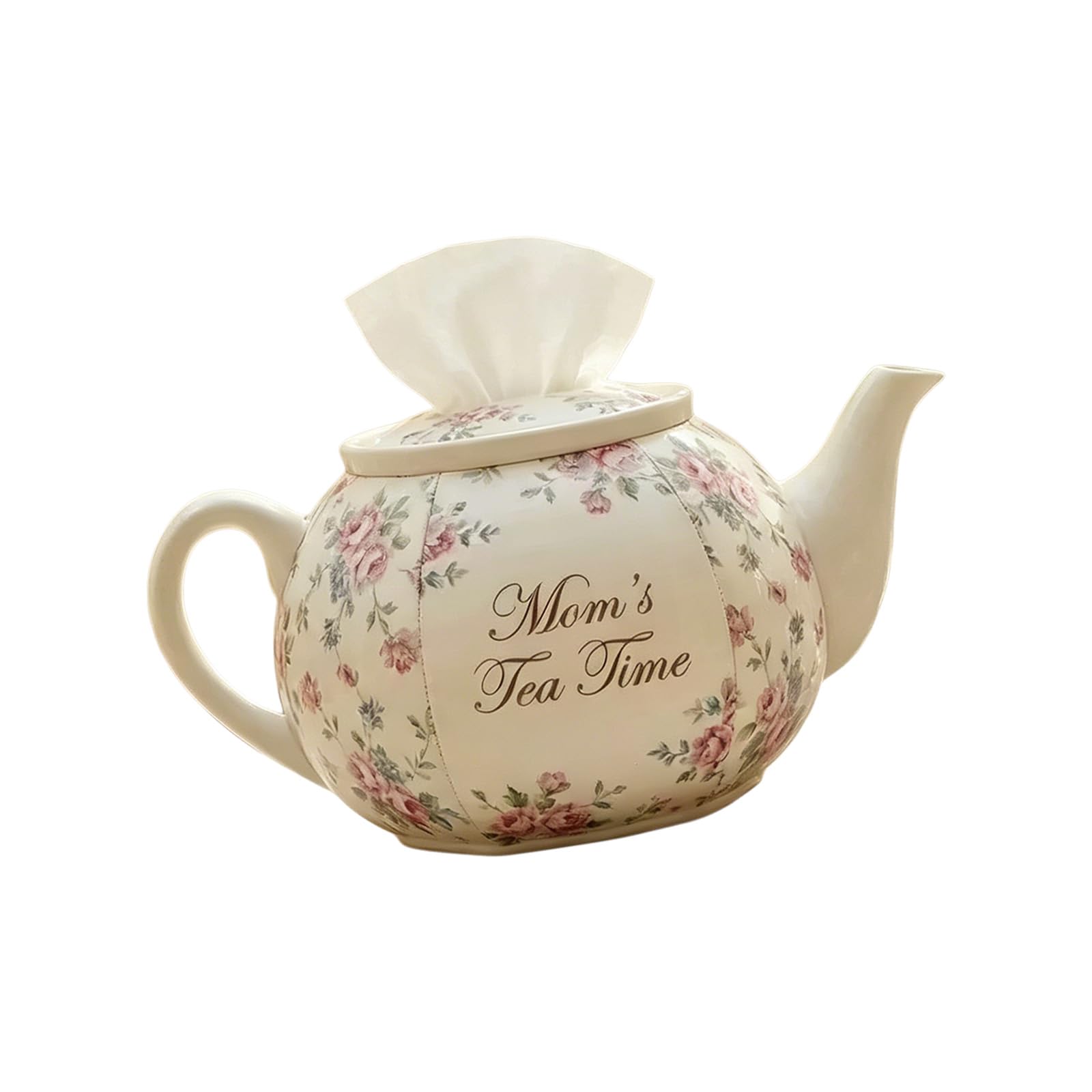 Teapot Shaped Tissue Box Enclosure Roses Blue Stems Cloth Decorative Home Accent Kitchen Dining Area Unique Shaped Tissue HolderPretty Rose Patterned Teapot Box Snug Cloth Enclosure Fits