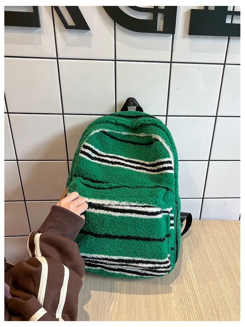 JHTPSLR Lambswool Backpack Vintage Aesthetic Lamb Like Backpack Warm Fuzzy Streetwear Backpack Preppy Backpack Book Bags (Green Lines)