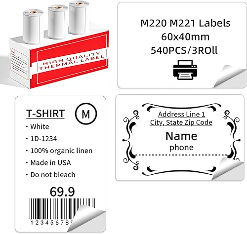 Etiquetas térmicas M220, compatibles con etiquetadora Phomemo M221 M200 M250 M260, 2.36 x 1.57 pulgadas, 3 pulgadas para negocios, código de barras,
