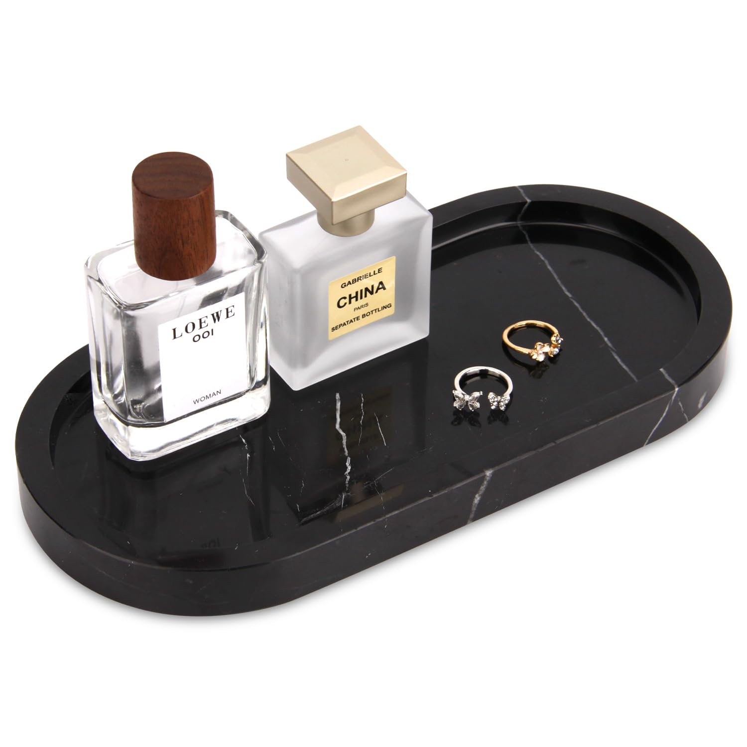 Natural Marble Tray Oval Bathroom Vanity Tray for Countertop Stone Decorative Organizer for Perfume, Jewelry, cosmetics, Home Decor (Black Marquina, 25 x 12 x 2 cm)